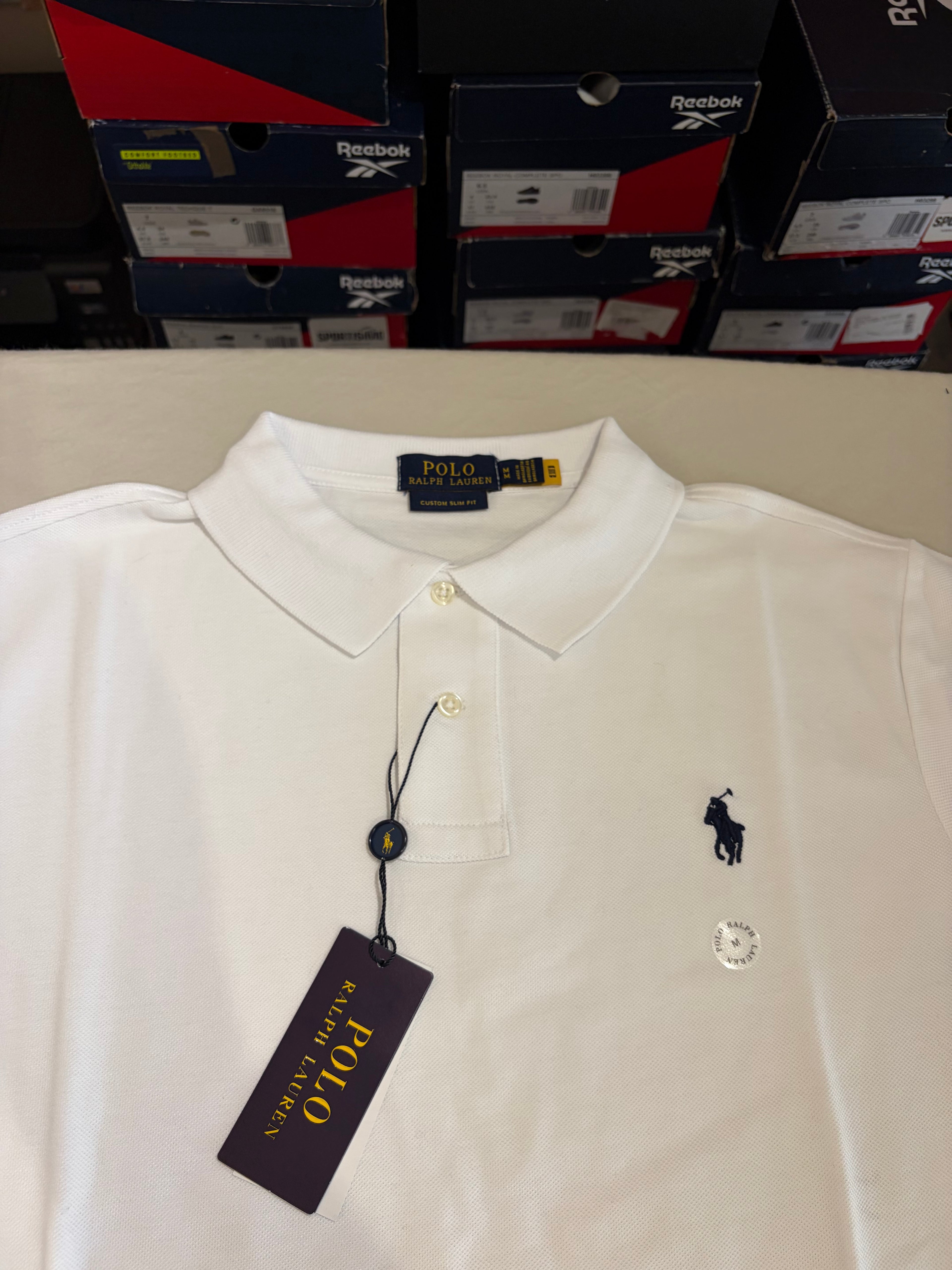 Polo Ralph Lauren Custom Slim Fit Homme Blanc Logo Bleu Marine – Taille M – Neuf avec étiquette