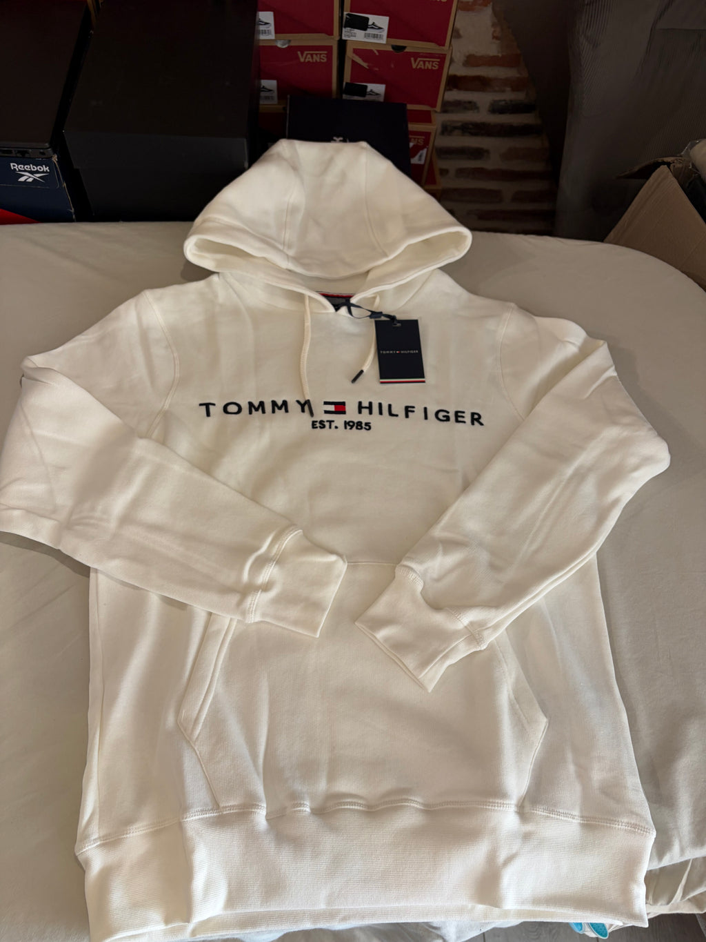 Sweat à capuche Tommy Hilfiger Homme Blanc Cassé  Taille L - Tommy Logo Hoody - Logo Brodé EST. 1985 - Neuf