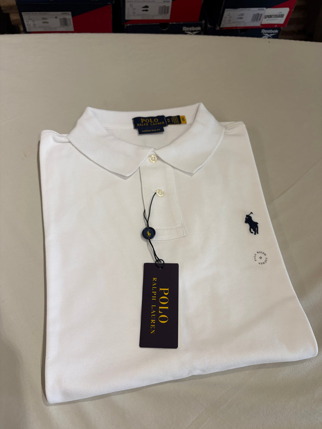 Polo Ralph Lauren Custom Slim Fit Homme Blanc Logo Bleu Marine – Taille M – Neuf avec étiquette