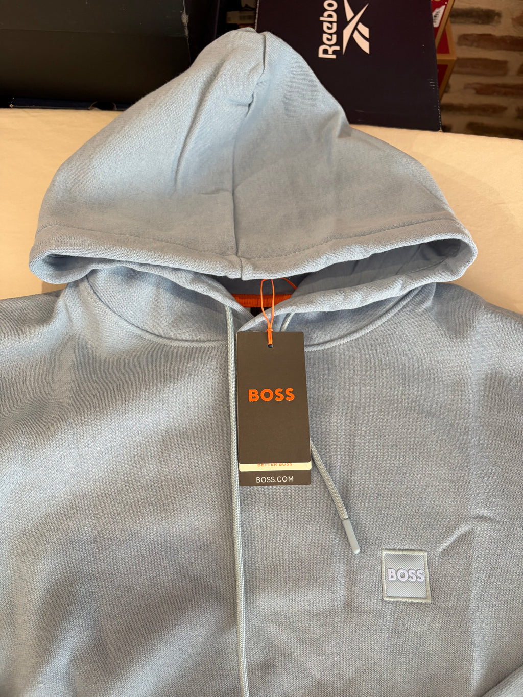 Sweat à capuche BOSS Homme Bleu Ciel Taille L - Logo Patch - Neuf