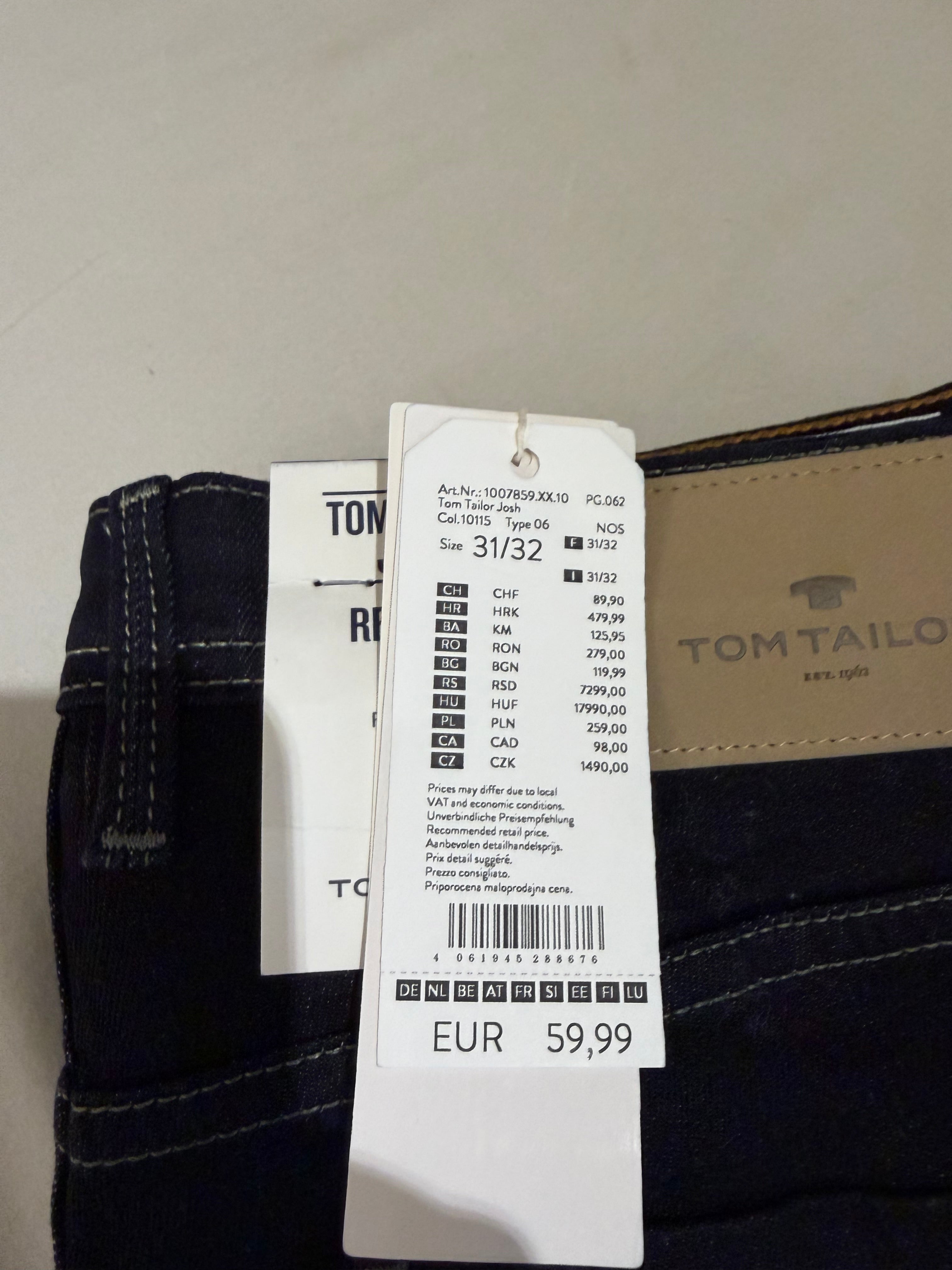 Jean Tom Tailor Josh Regular Homme Bleu Brut – Neuf avec étiquettes – Taille 31/32