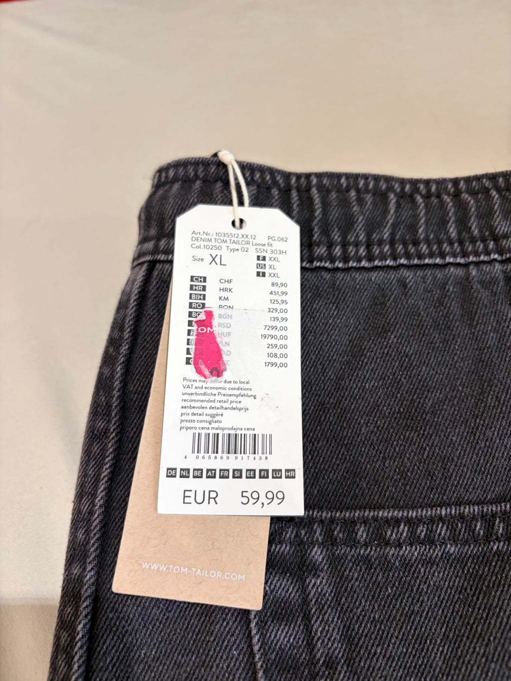 Jean Tom Tailor Denim Loose Fit Homme Gris Délavé Taille XL Neuf avec Étiquettes