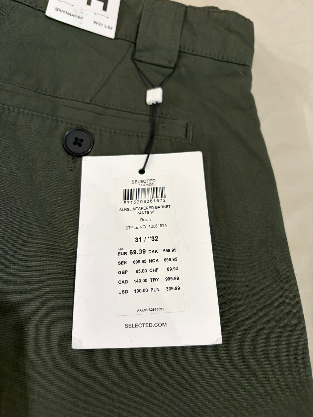 Pantalon Chino Selected Homme Slim Tapered Kaki Rosin – Neuf avec étiquette – Taille 31/32