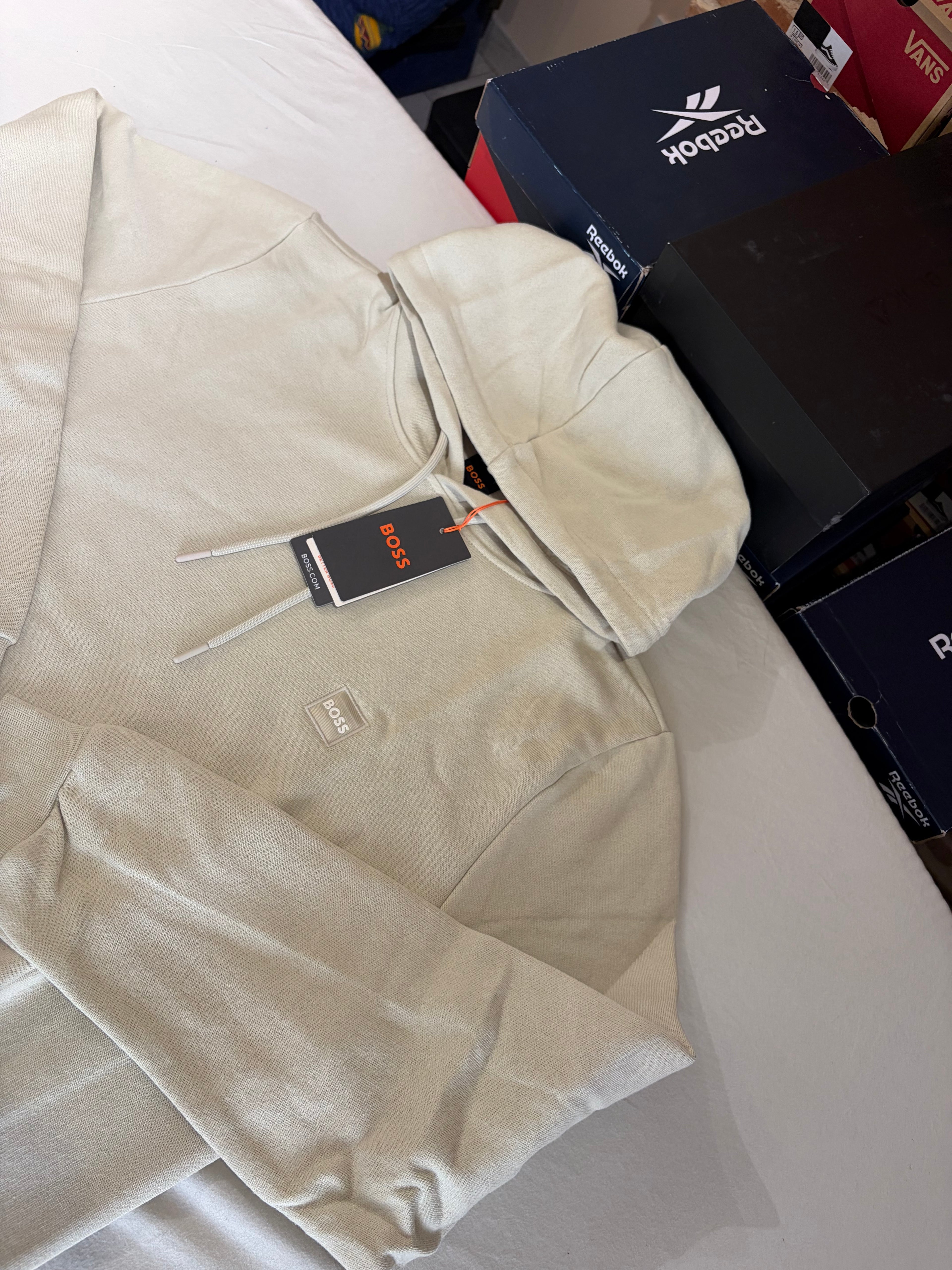BOSS Sweat à capuche homme beige clair logo patch – Taille XL – Neuf avec étiquette