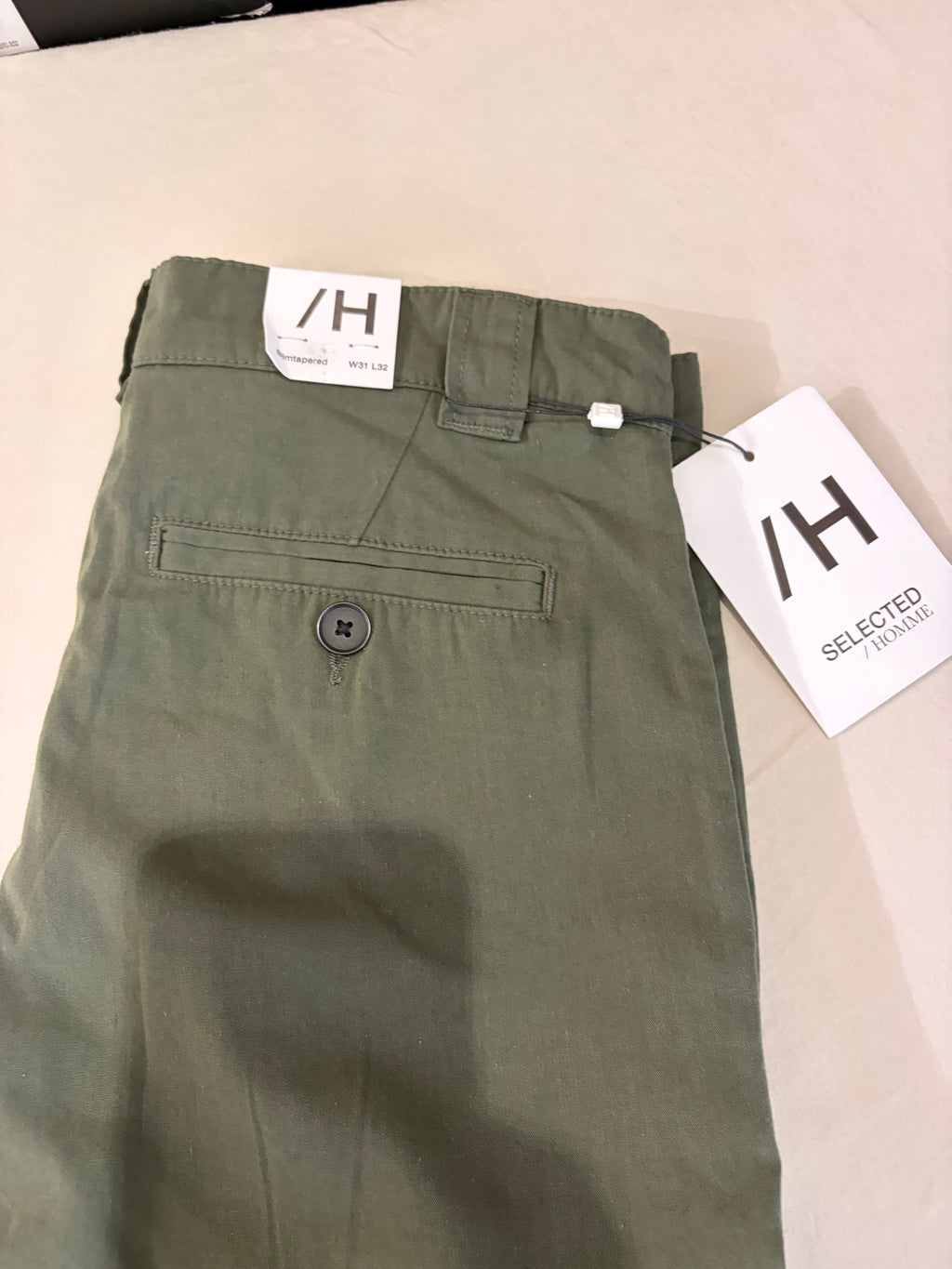 Pantalon Chino Selected Homme Slim Tapered Kaki Rosin – Neuf avec étiquette – Taille 31/32