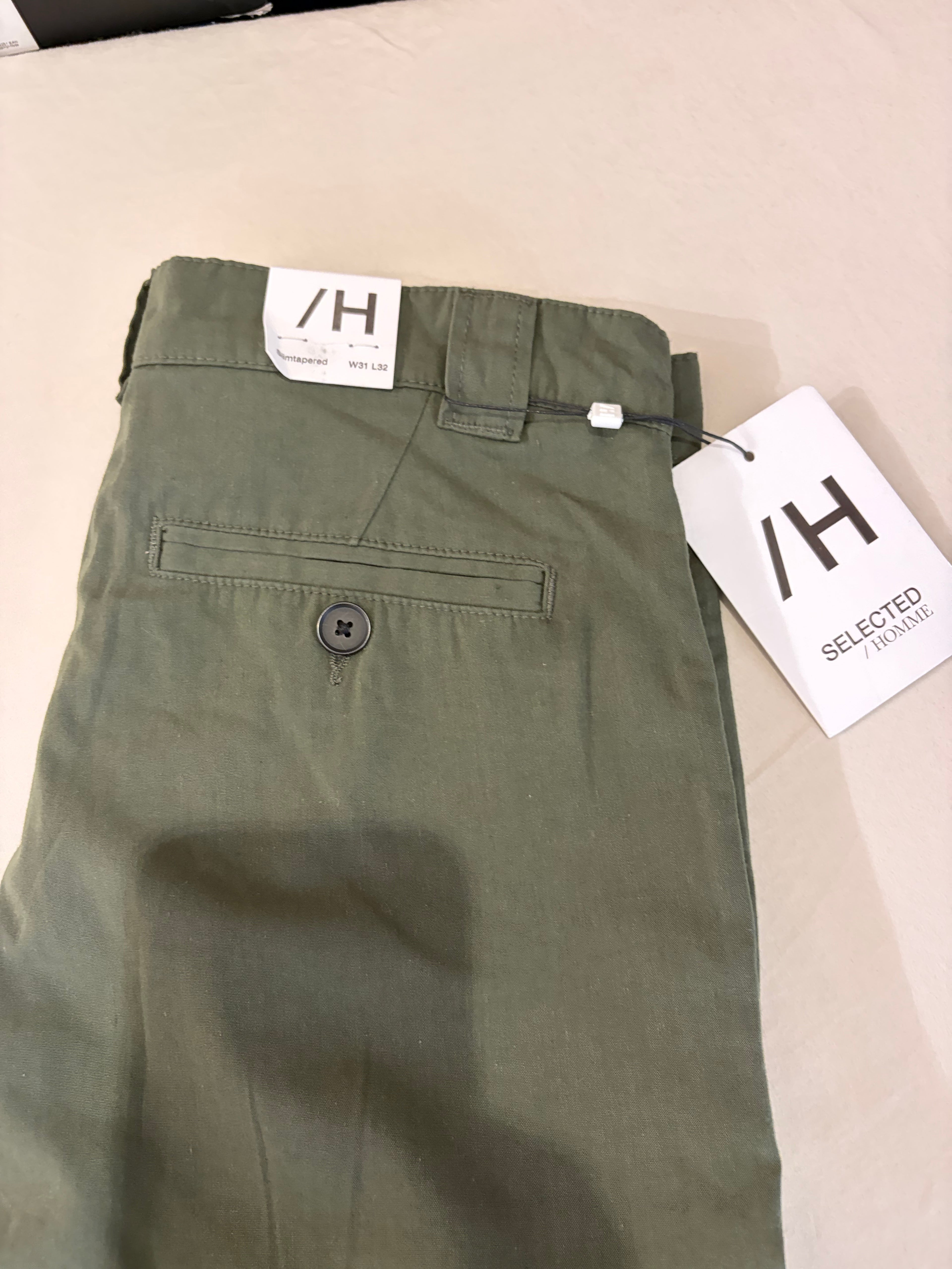Pantalon Chino Selected Homme Slim Tapered Kaki Rosin – Neuf avec étiquette – Taille 31/32