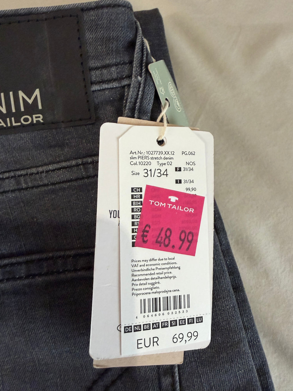 Jean Tom Tailor PIERS Slim Stretch Homme Gris 31/34 Neuf avec Étiquettes