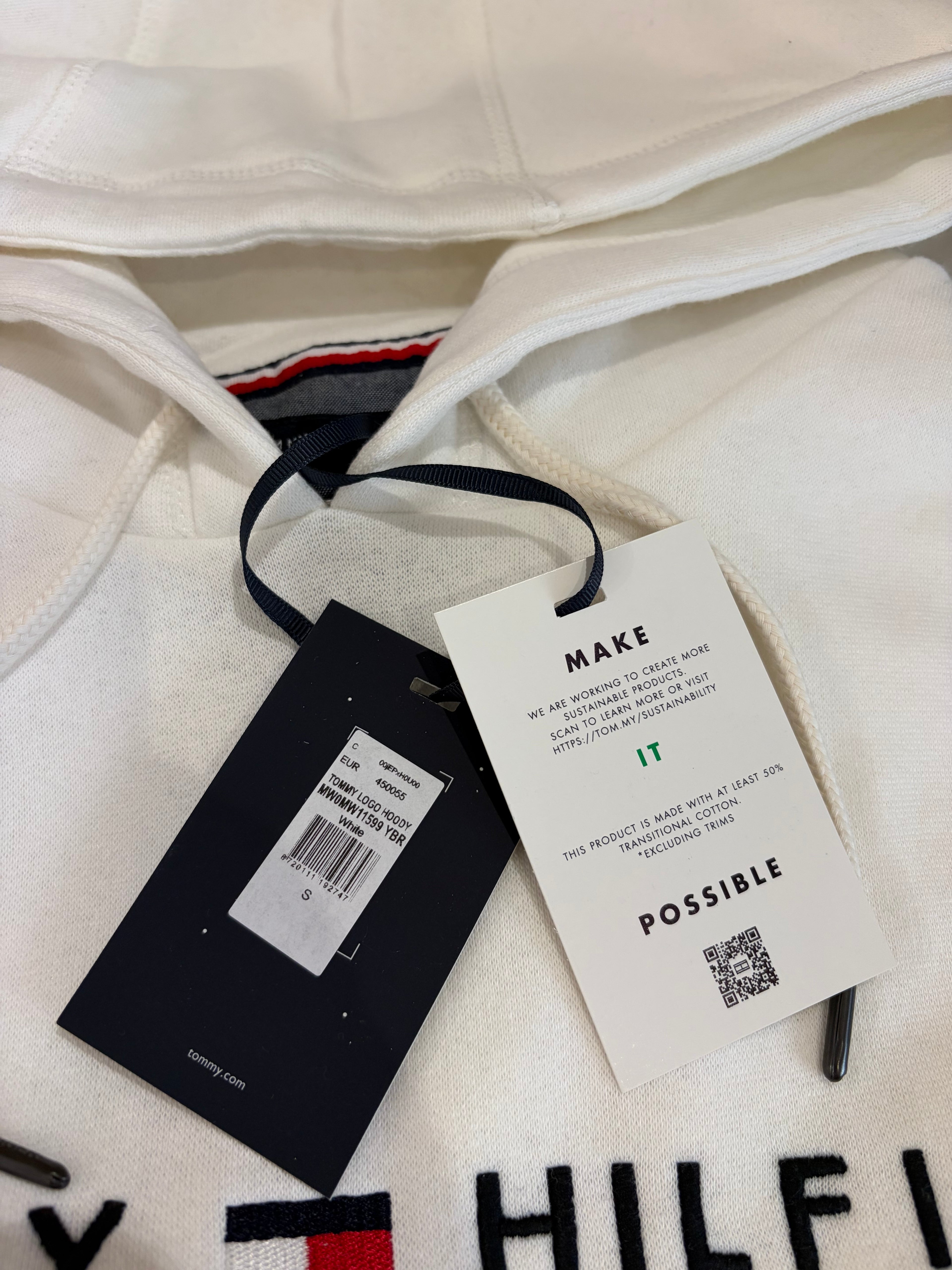 Sweat à Capuche Tommy Hilfiger Blanc Cassé Homme – Taille S – Logo Brodé – Neuf avec Étiquette