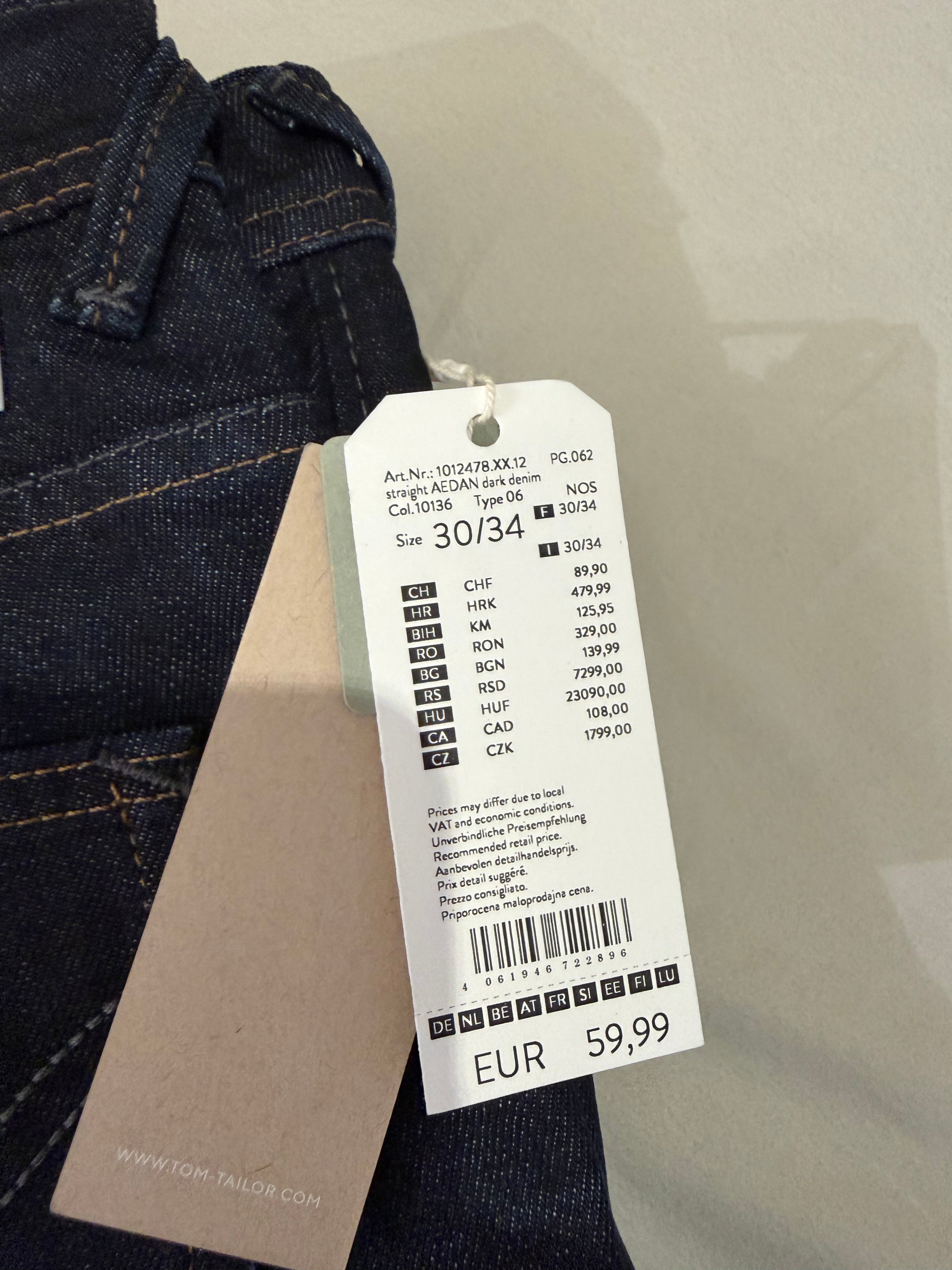 Jean Tom Tailor Denim Aedan Straight Homme Bleu Brut Foncé – Neuf avec étiquettes – Taille 30/34