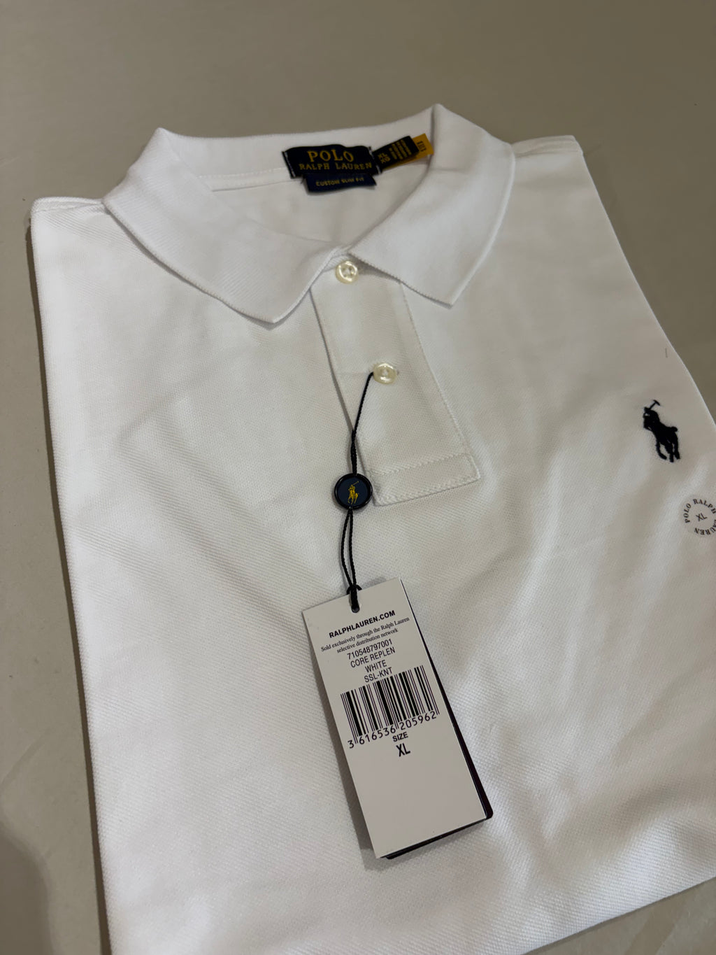 Polo Ralph Lauren Custom Slim Fit Homme Blanc Logo Bleu Marine – Taille XL – Neuf avec étiquette
