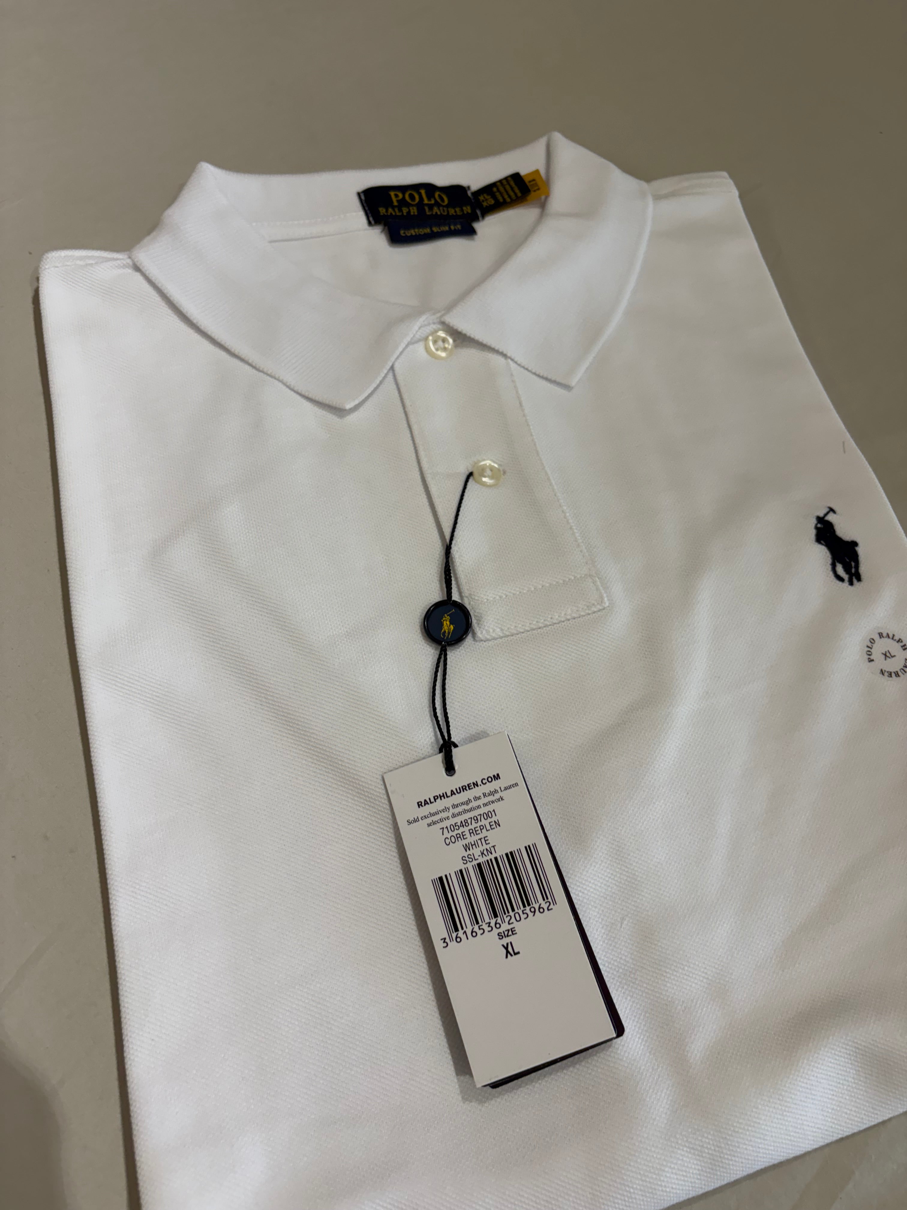 Polo Ralph Lauren Custom Slim Fit Homme Blanc Logo Bleu Marine – Taille XL – Neuf avec étiquette