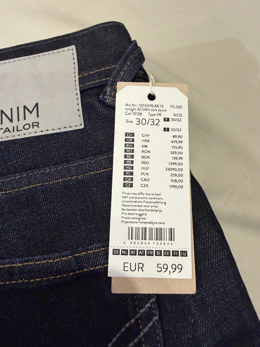Jean Tom Tailor Denim Aedan Straight Homme Bleu Brut – Neuf avec étiquettes – Taille 30/32