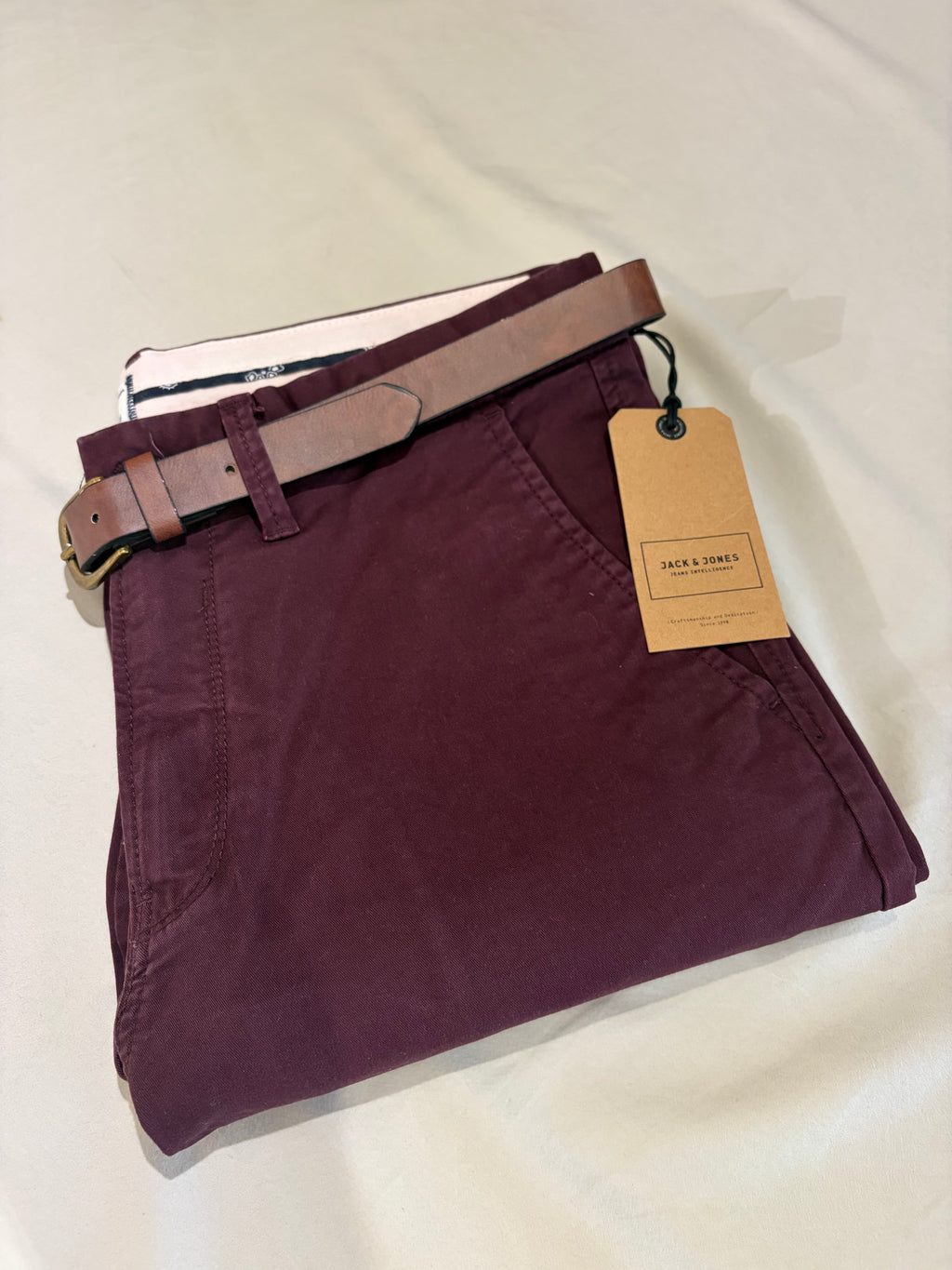 Pantalon Chino Jack & Jones JJICODY JJSPENCER Bordeaux W31 L34 Neuf avec Ceinture