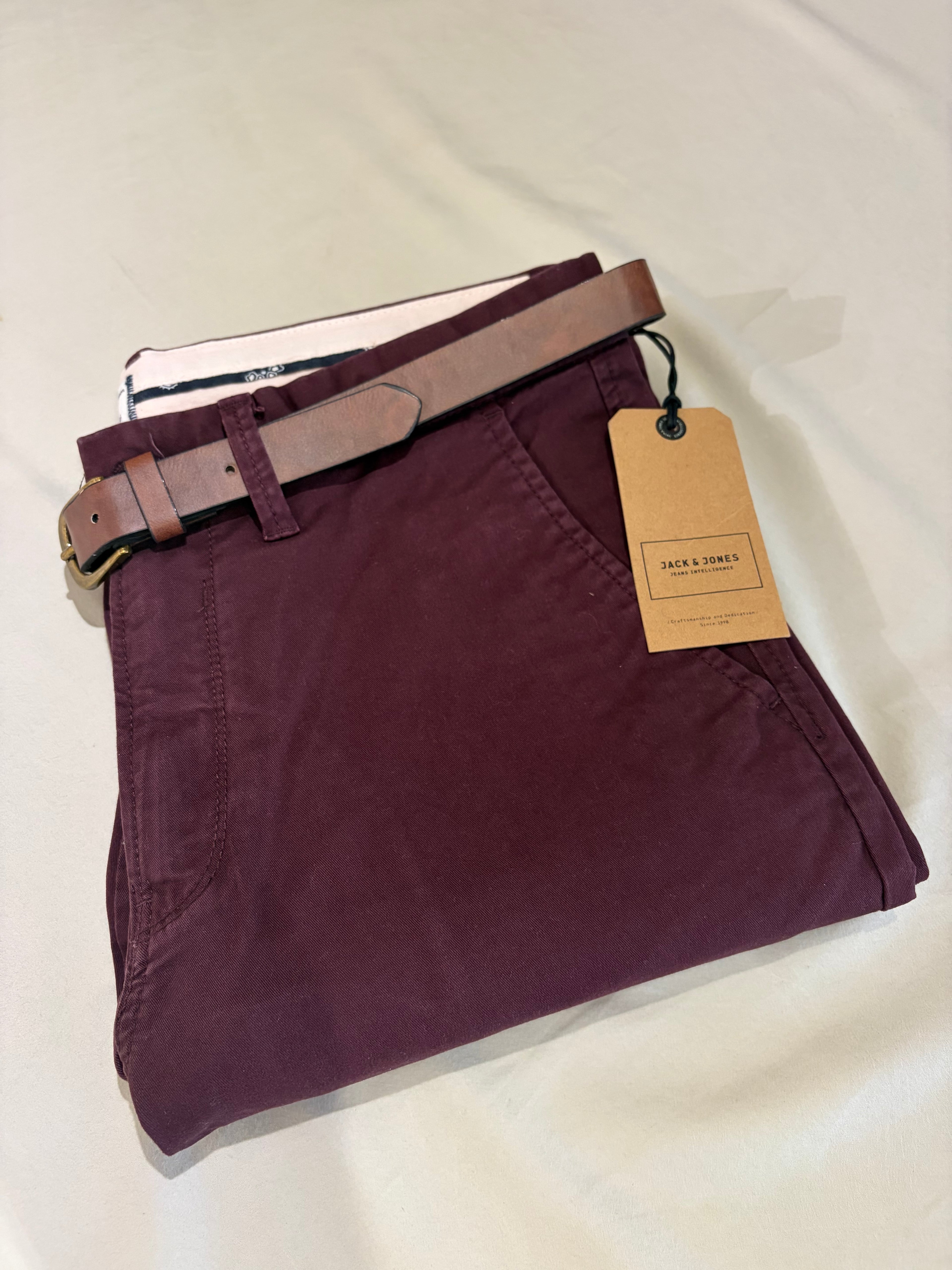 Pantalon Chino Jack & Jones JJICODY JJSPENCER Bordeaux W31 L34 Neuf avec Ceinture