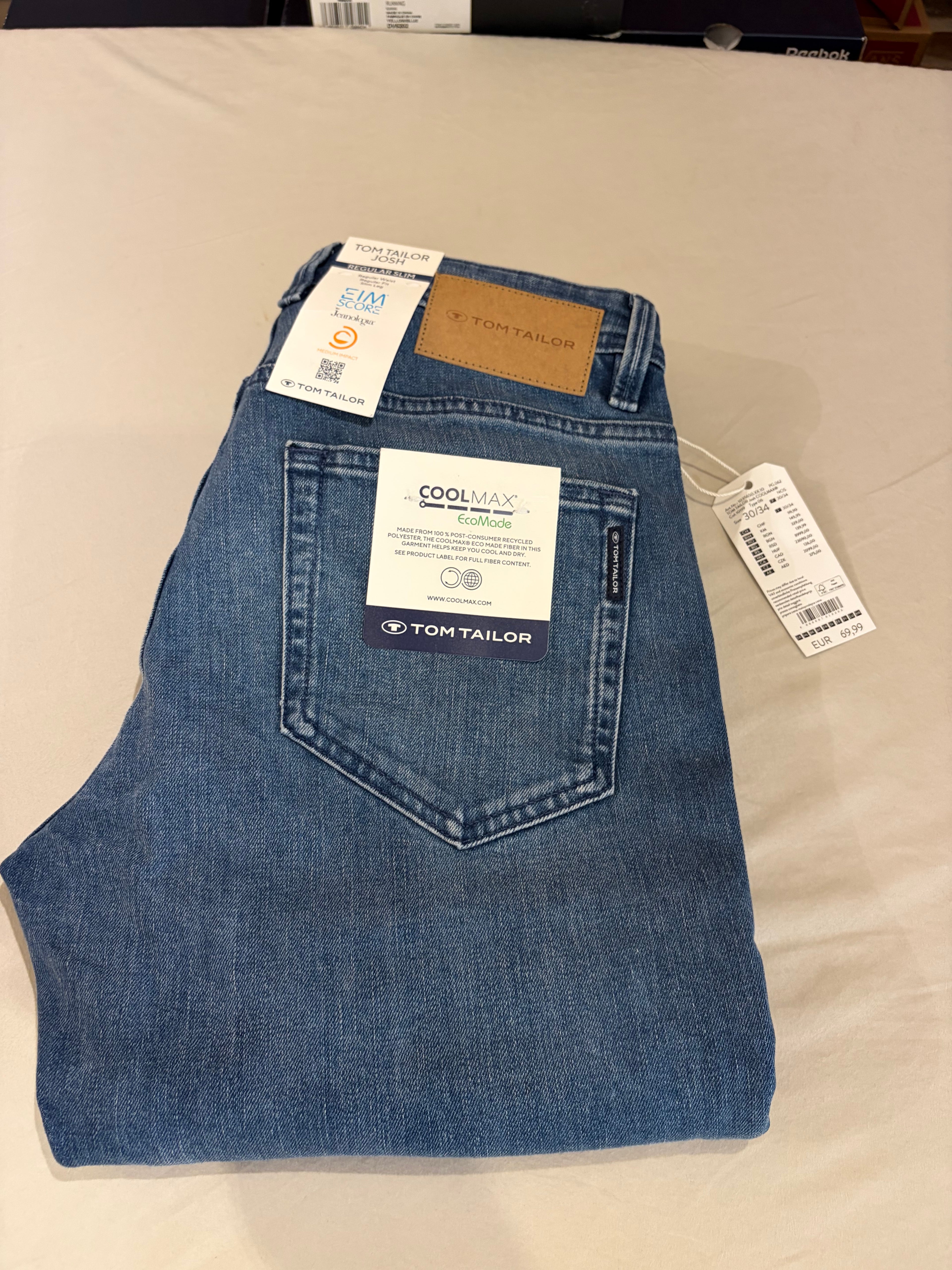 Jean Tom Tailor Josh Regular Slim Coolmax EcoMade Homme Bleu – Neuf avec étiquettes – Taille 30/34