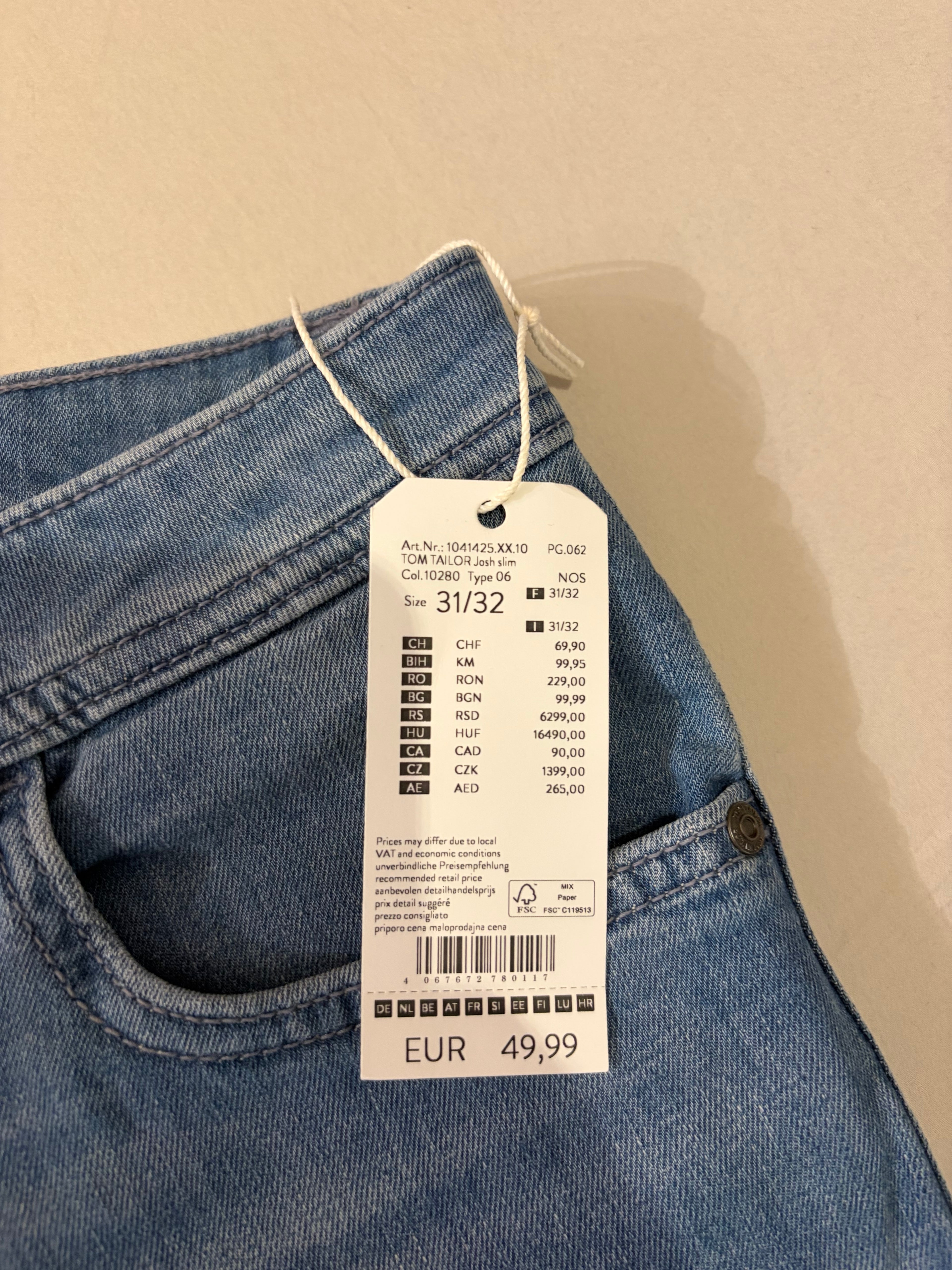 Jean Tom Tailor Josh Regular Slim Ultra Light Denim Homme Bleu Clair – Neuf avec étiquettes – Taille 31/32