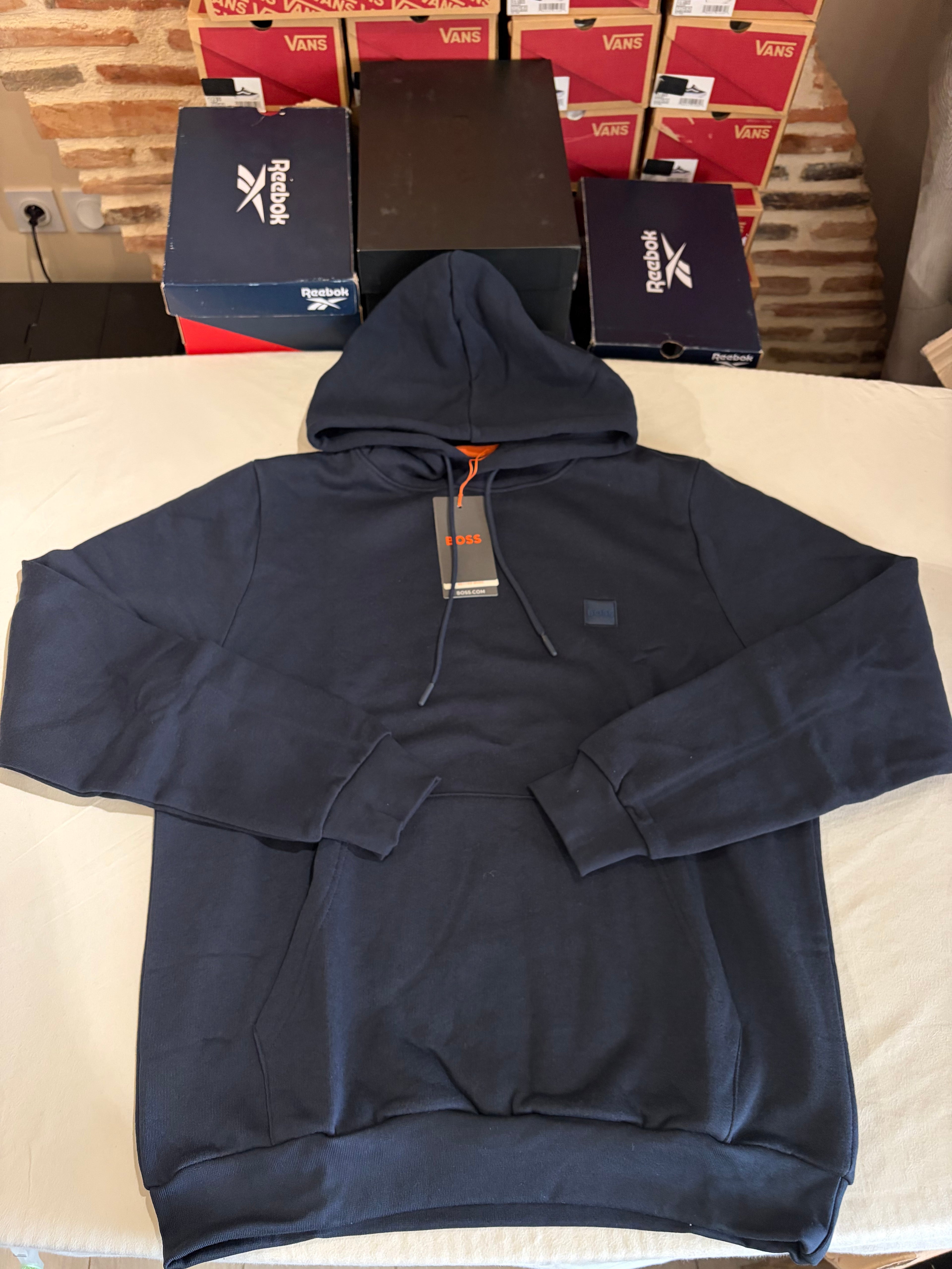 BOSS Sweat à capuche homme bleu marine logo patch – Taille L – Neuf avec étiquette