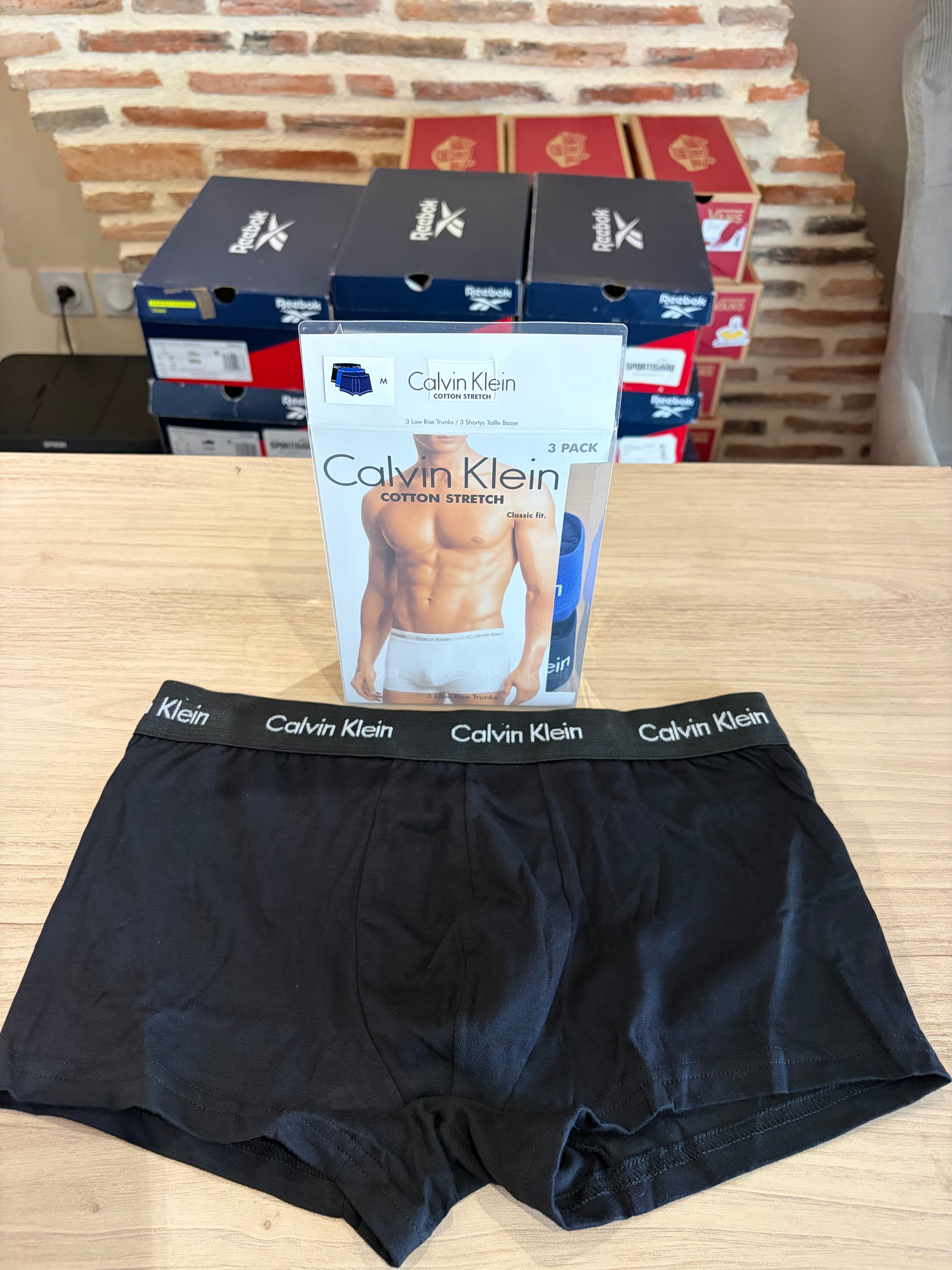 Calvin Klein – Lot de 3 Boxers Cotton Stretch Low Rise Trunks Homme – Taille M – Noir & Bleu
