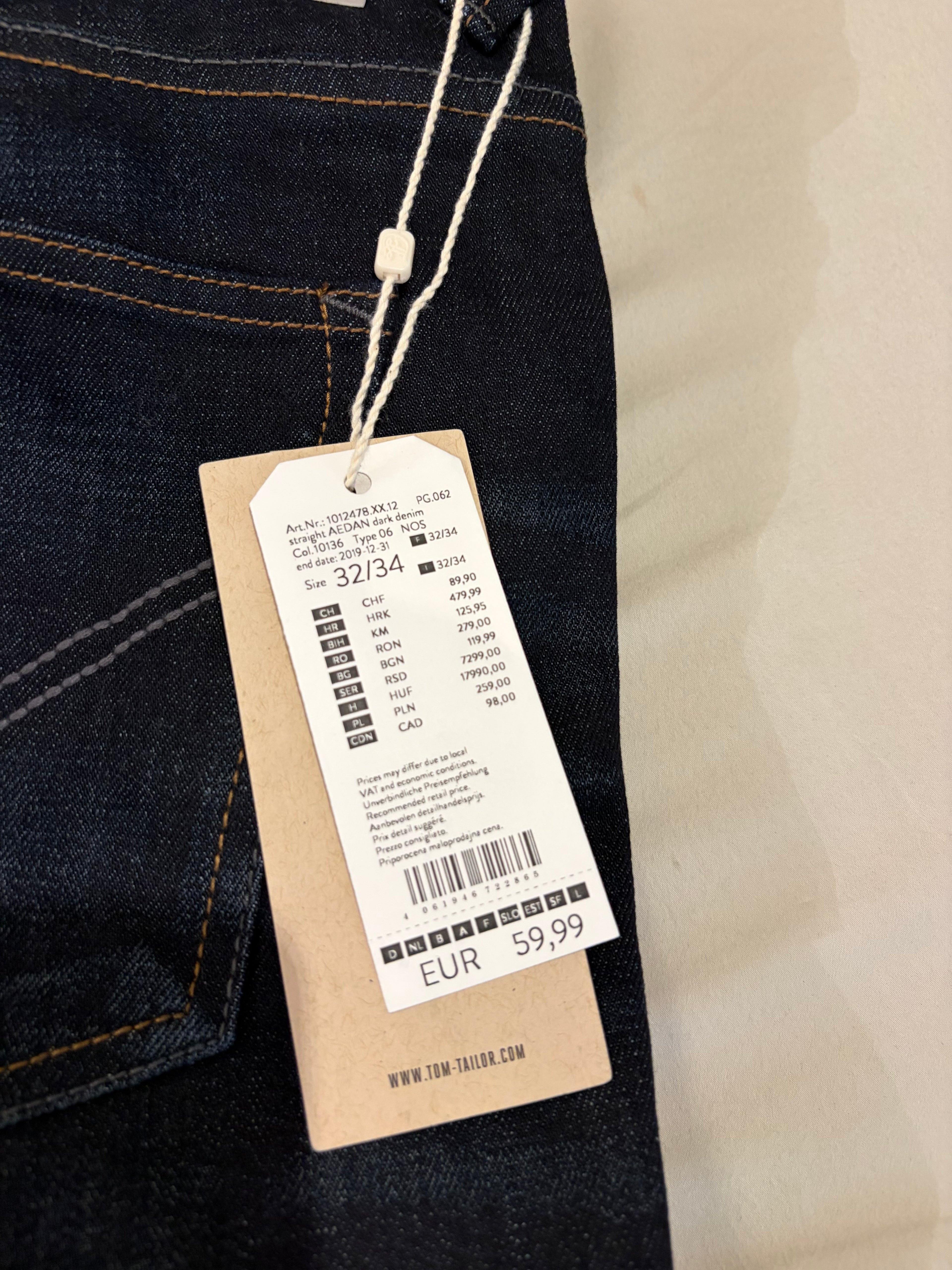 Jean Tom Tailor Denim Aedan Straight Homme Bleu Brut Foncé – Neuf avec étiquettes – Taille 32/34