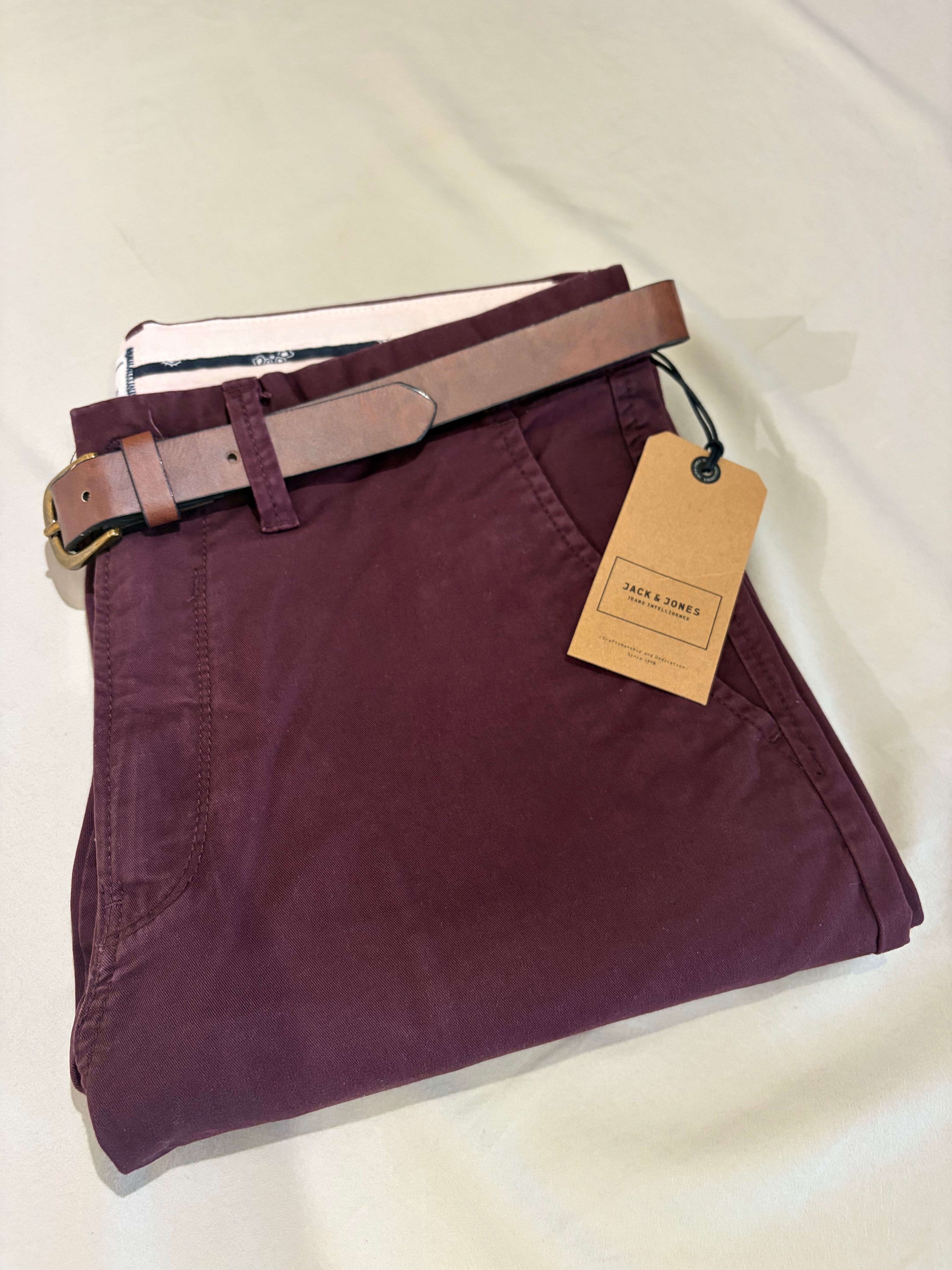 Pantalon Chino Jack & Jones JJICODY JJSPENCER Bordeaux W31 L34 Neuf avec Ceinture