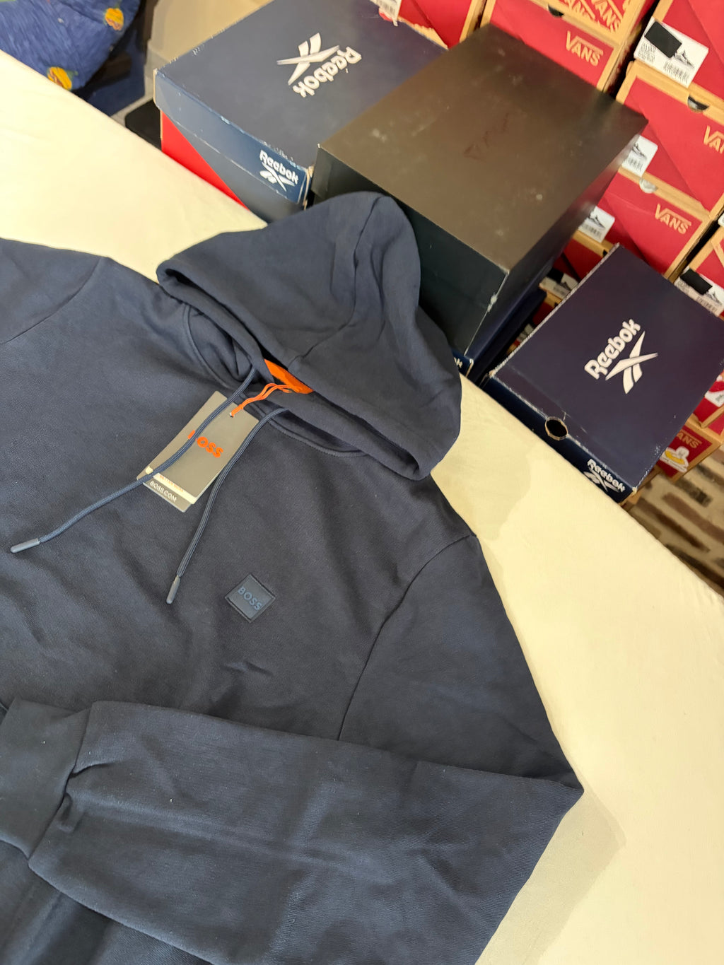 BOSS Sweat à capuche homme bleu marine logo patch – Taille L – Neuf avec étiquette