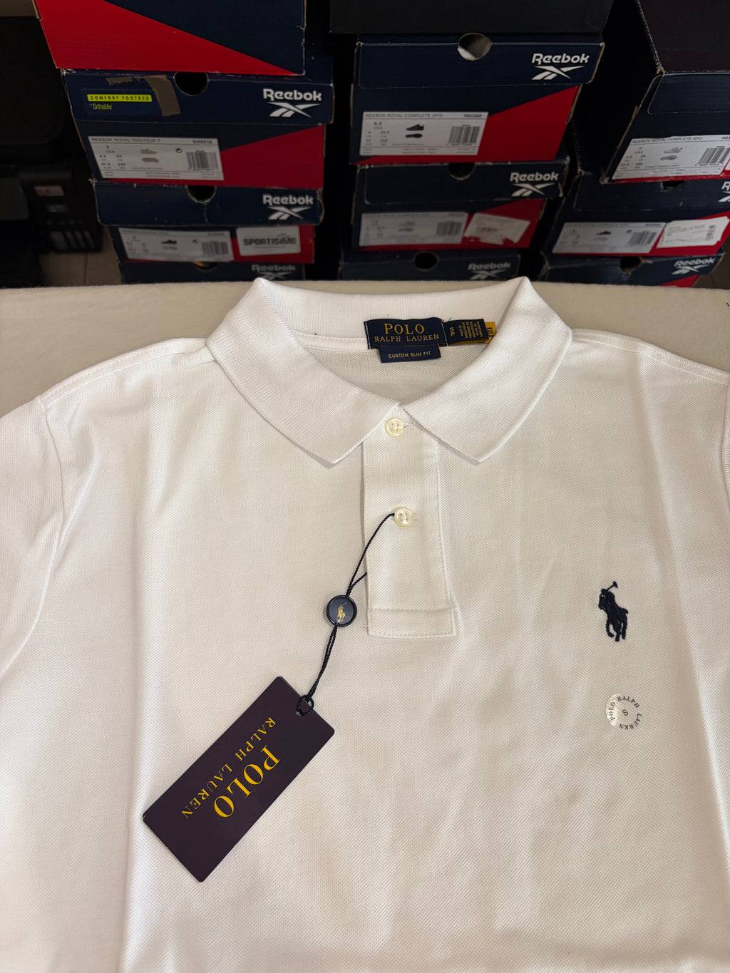 Polo Ralph Lauren Custom Slim Fit Blanc Logo Bleu Marine Homme Taille S – Neuf avec étiquette