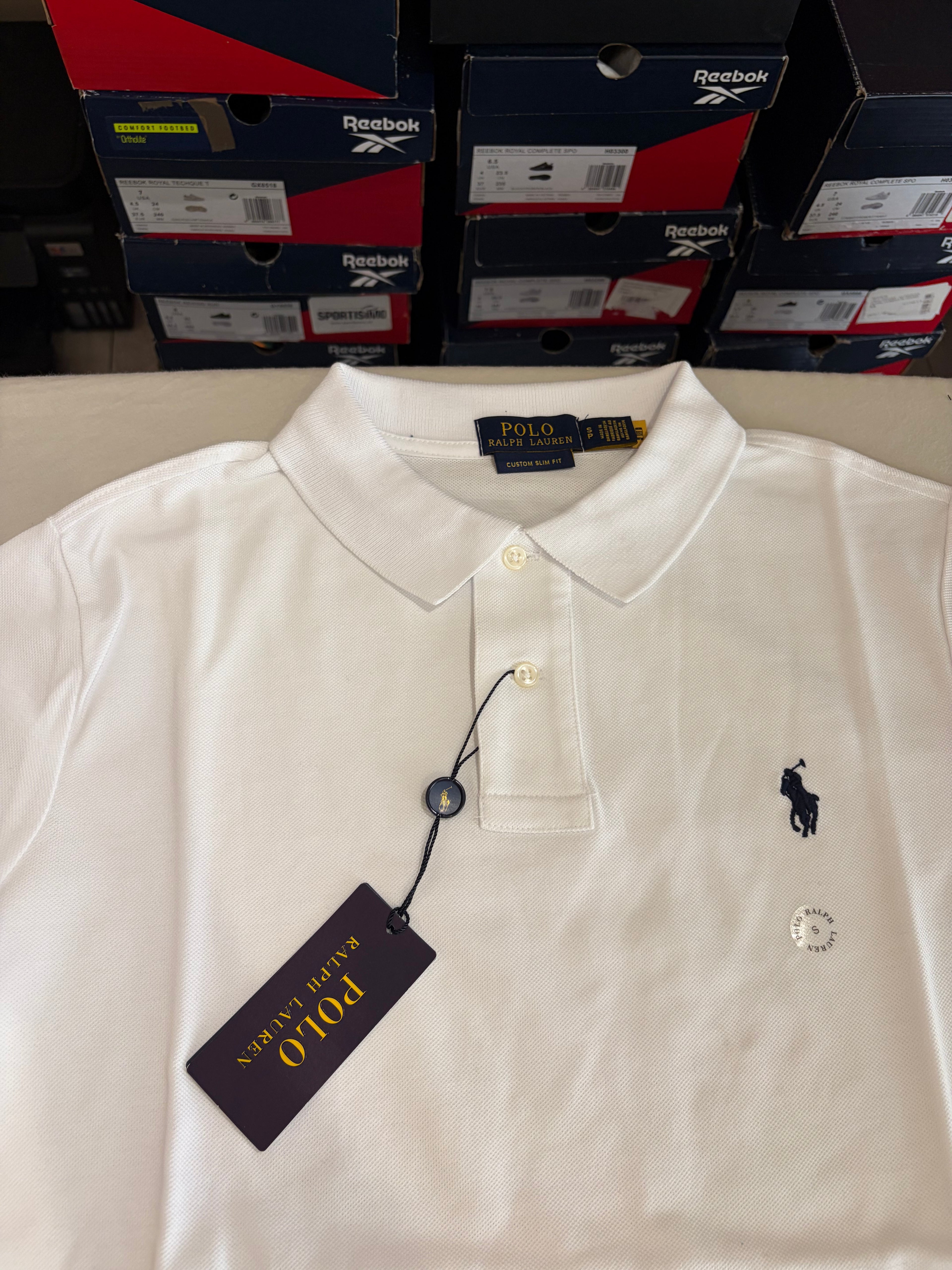 Polo Ralph Lauren Custom Slim Fit Blanc Logo Bleu Marine Homme Taille S – Neuf avec étiquette