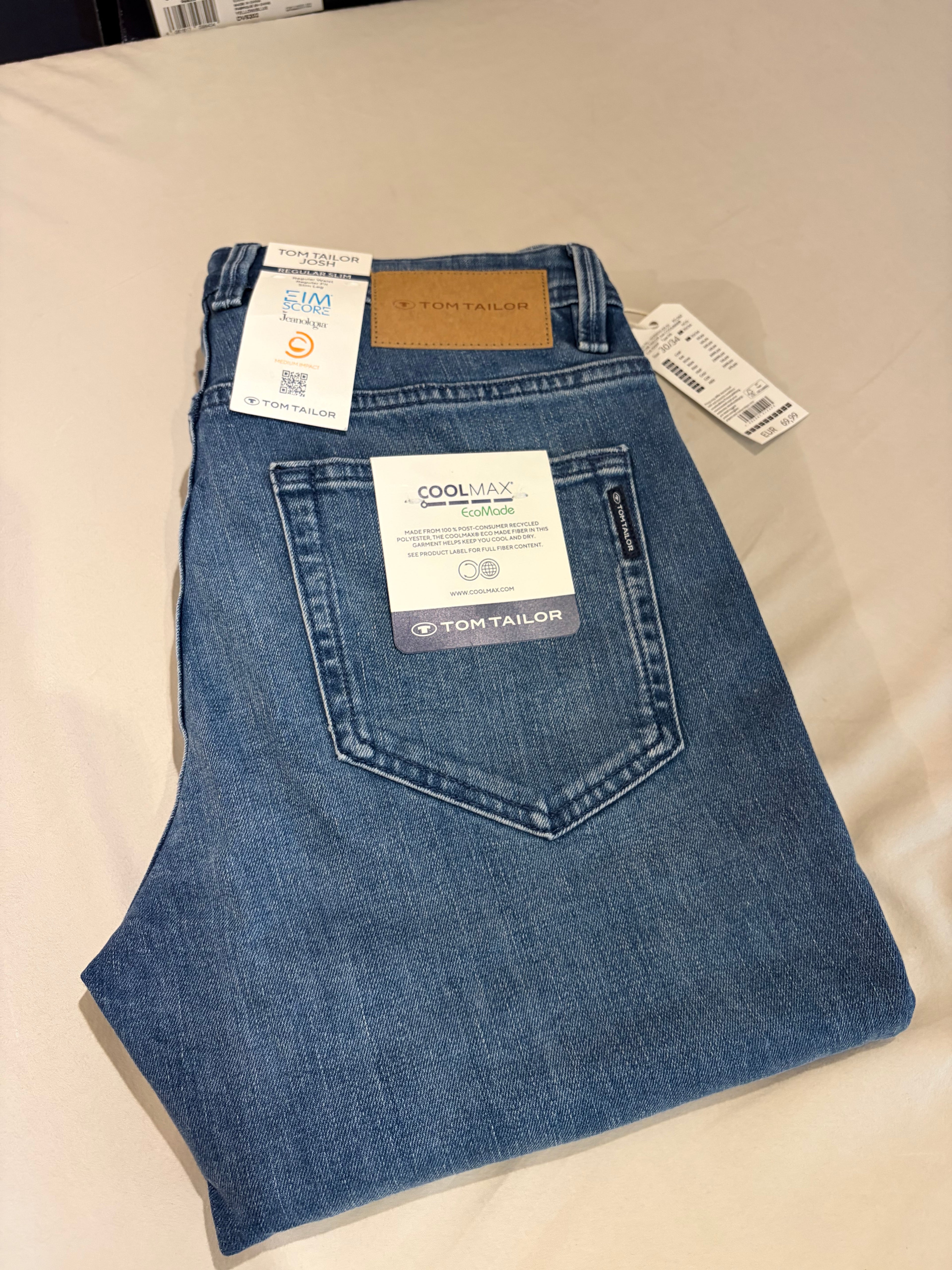 Jean Tom Tailor Josh Regular Slim Coolmax EcoMade Homme Bleu – Neuf avec étiquettes – Taille 30/34