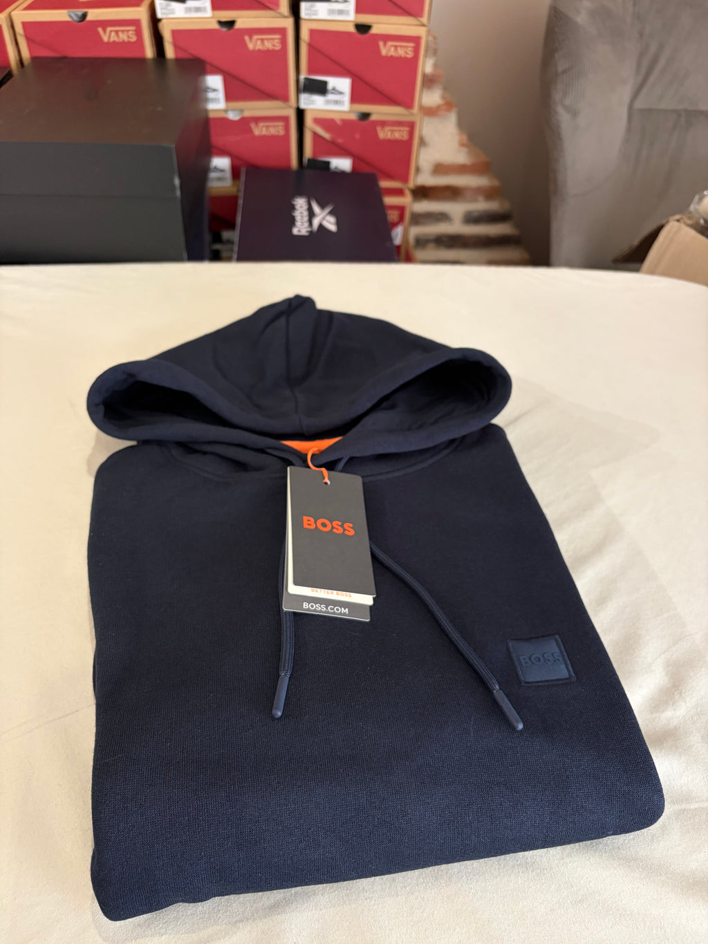 Sweat à capuche BOSS Homme Bleu Marine Dark Blue Taille M - Logo Patch - Neuf