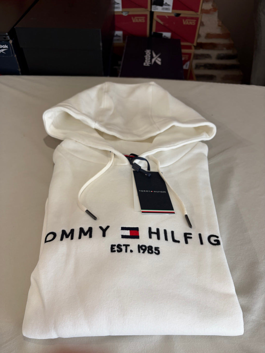 Sweat à capuche Tommy Hilfiger Homme Blanc Cassé  Taille L - Tommy Logo Hoody - Logo Brodé EST. 1985 - Neuf