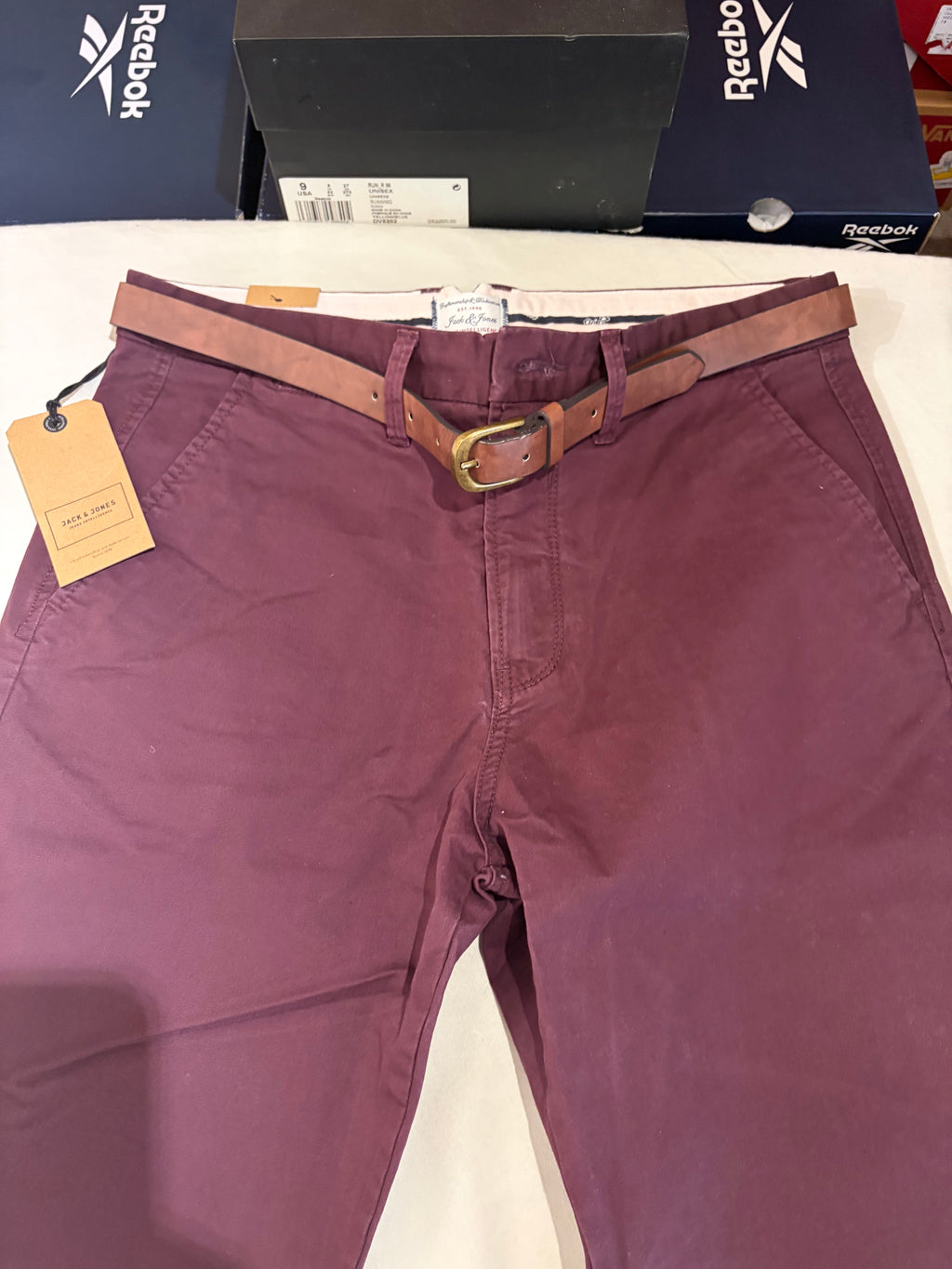 Pantalon Chino Jack & Jones JJICODY JJSPENCER Bordeaux W31 L34 Neuf avec Ceinture