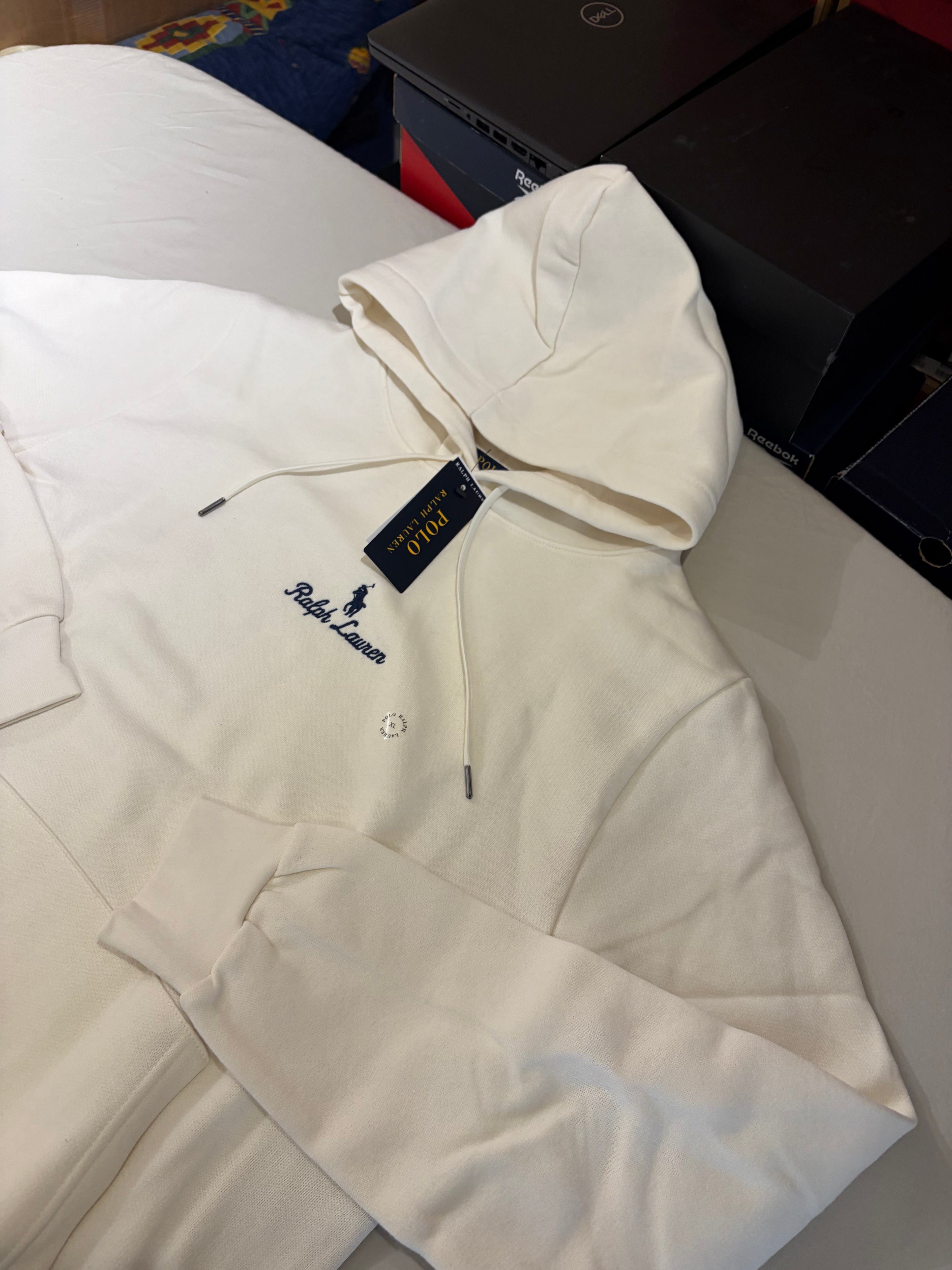 Sweat à capuche Polo Ralph Lauren blanc cassé brodé – Homme – Taille XL