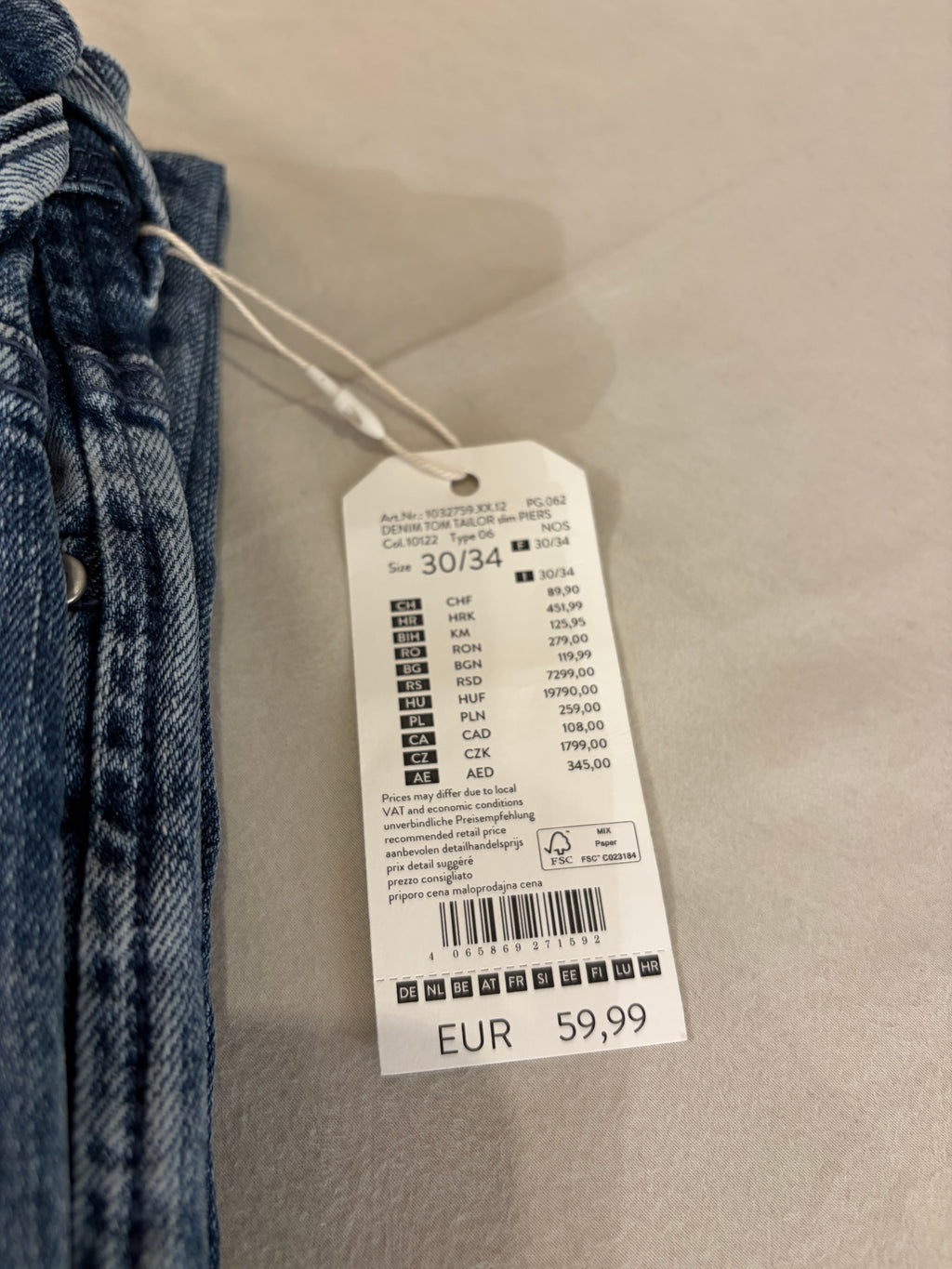 Tom Tailor Denim PIERS Jean Homme Slim Bleu Clair 30/34 Neuf avec Étiquettes