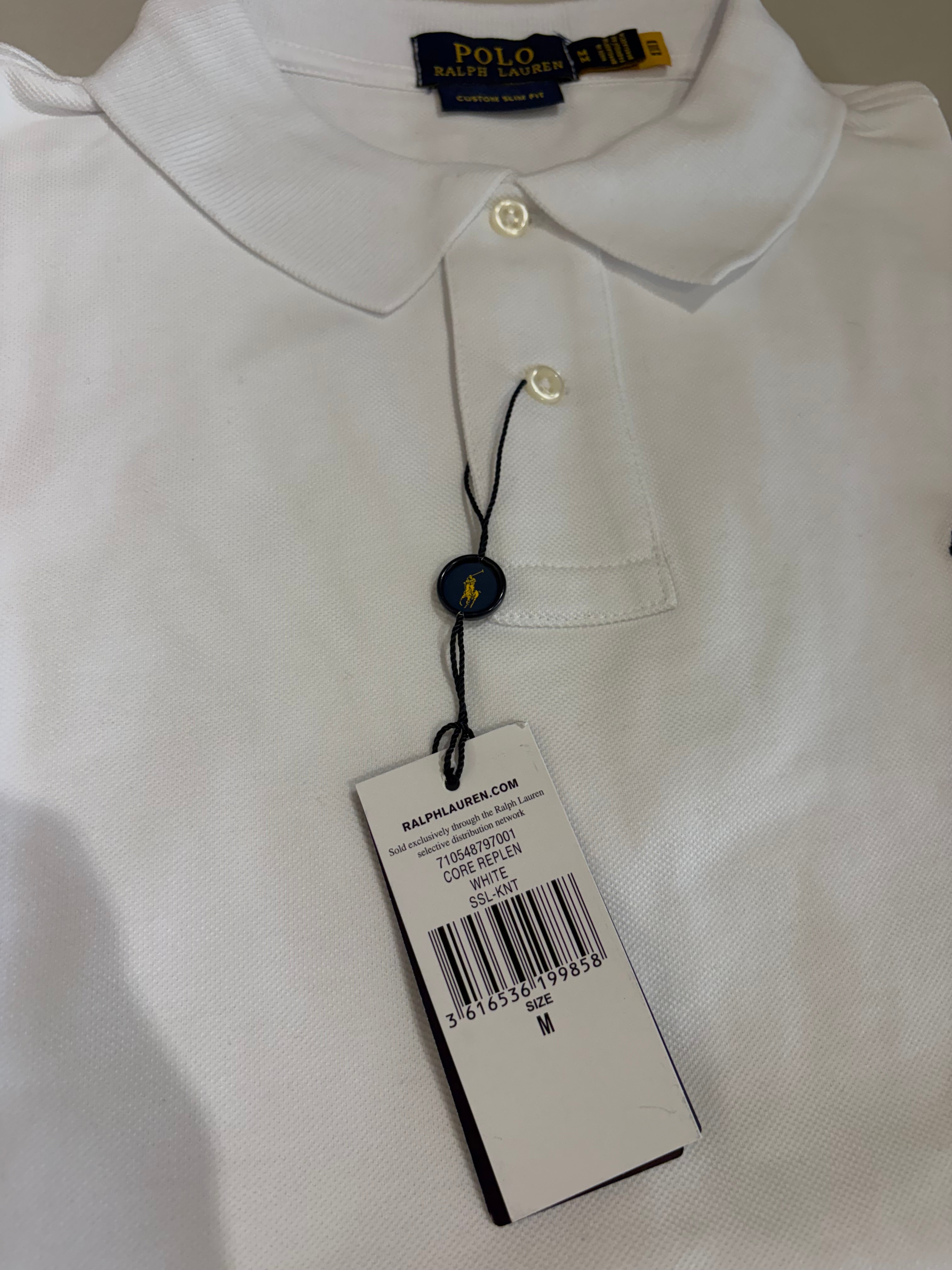 Polo Ralph Lauren Custom Slim Fit Homme Blanc Logo Bleu Marine – Taille M – Neuf avec étiquette