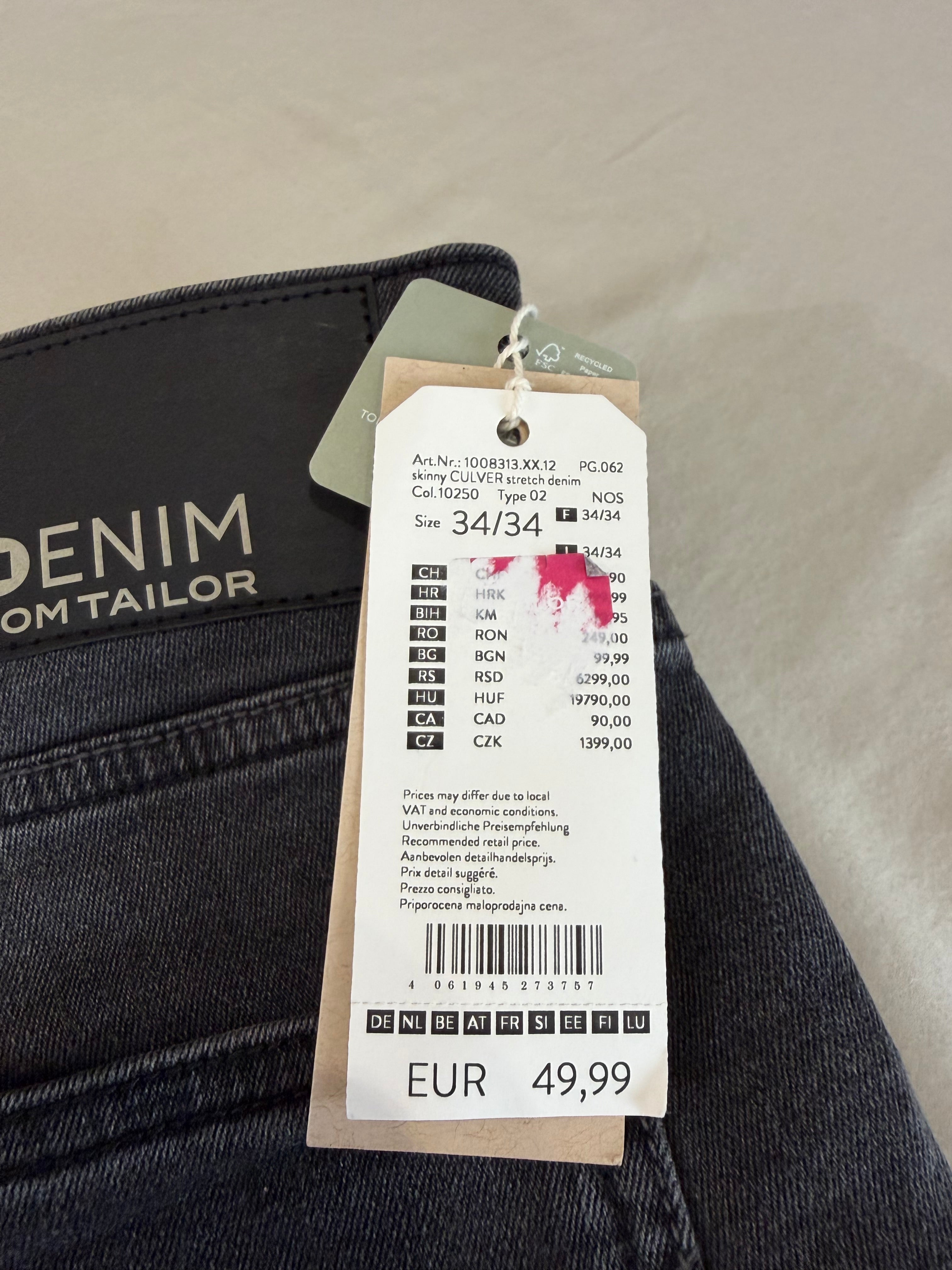 Jean Tom Tailor CULVER Skinny Stretch Homme Gris Délavé 34/34 Neuf avec Étiquettes