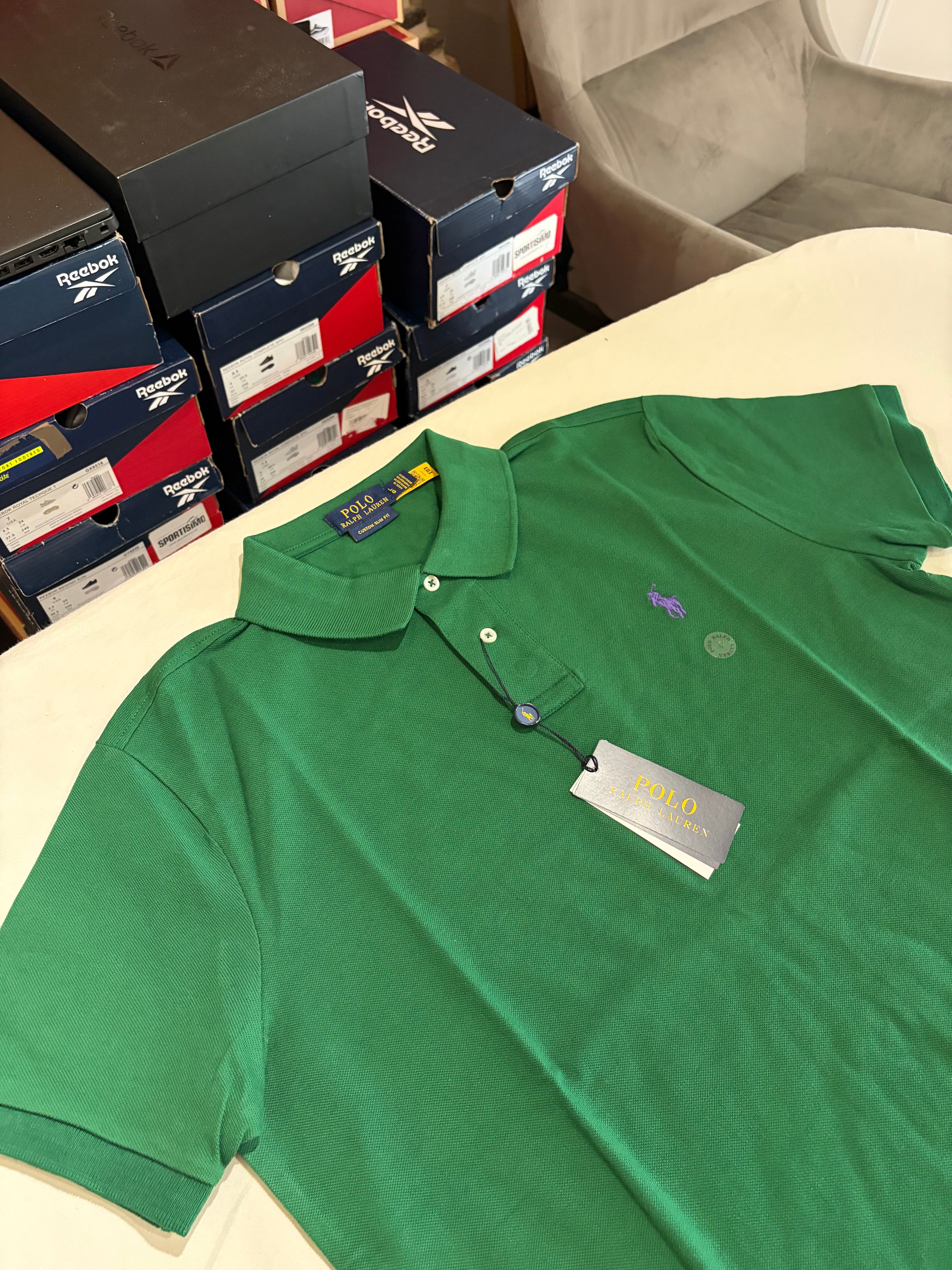 Polo Ralph Lauren Custom Slim Fit Homme Vert Logo Violet – Taille L – Neuf avec étiquette