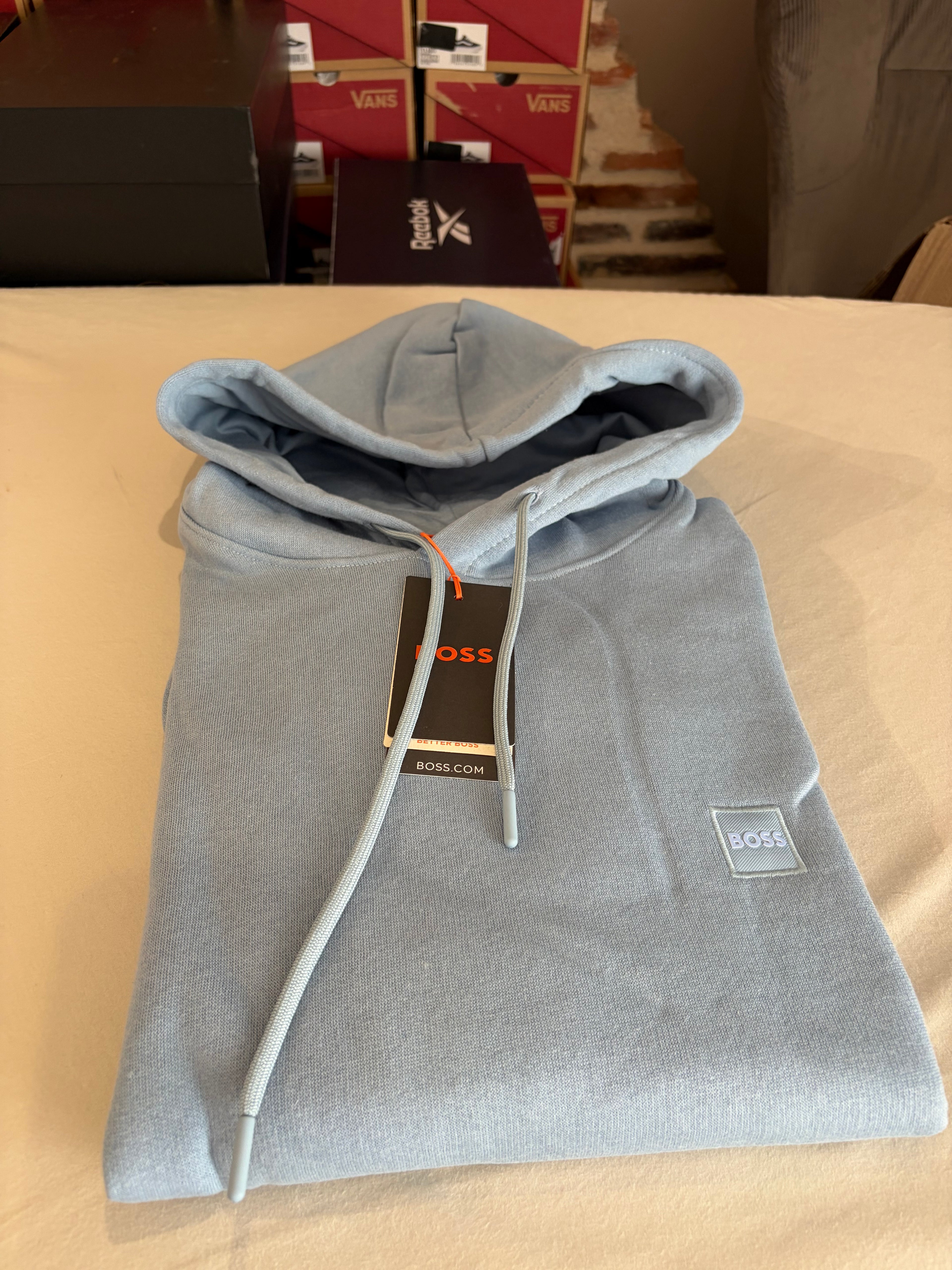 Sweat à capuche BOSS Homme Bleu Ciel Taille L - Logo Patch - Neuf