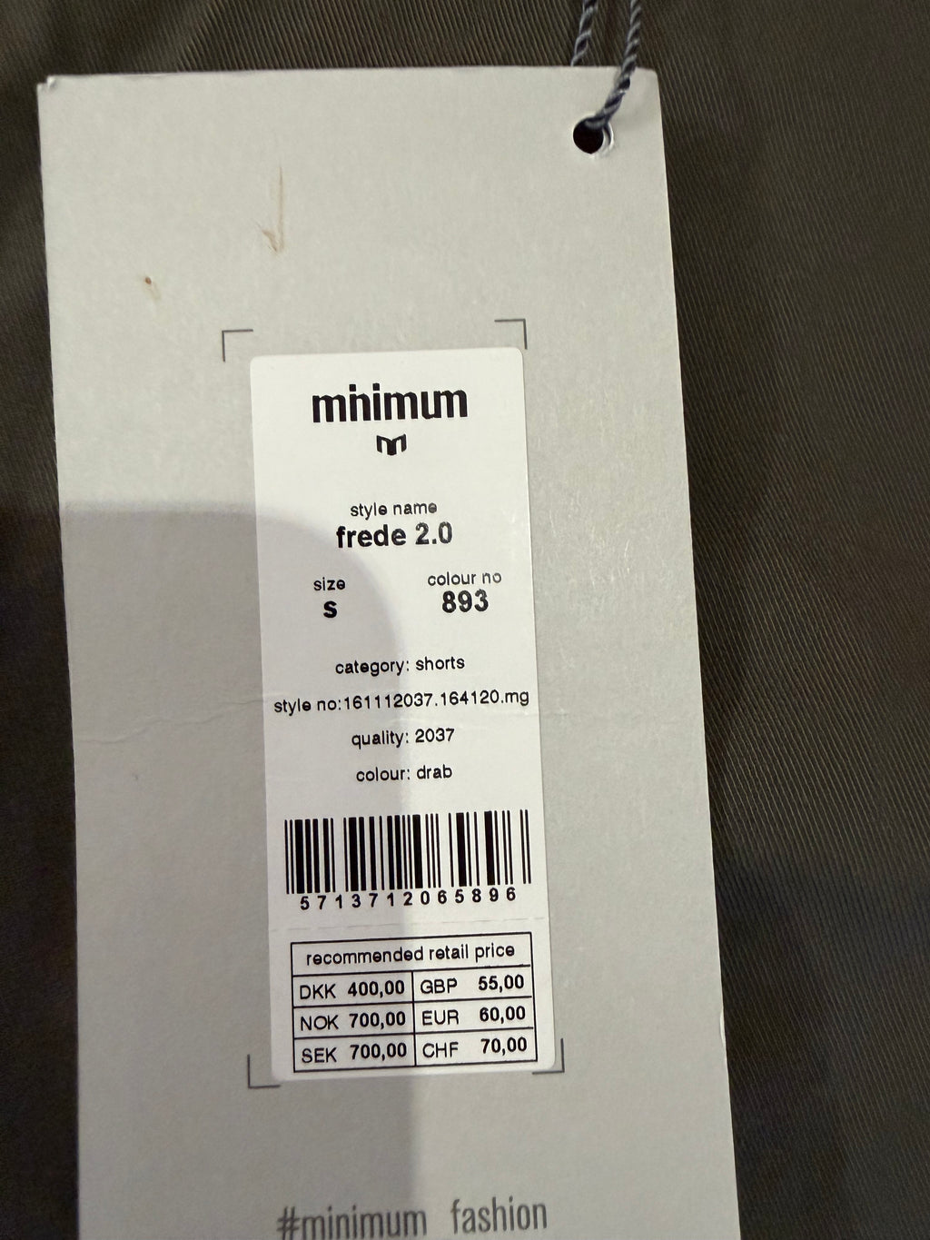 Short Chino Minimum Frede 2.0 Gris Kaki Homme Taille S Neuf avec étiquette