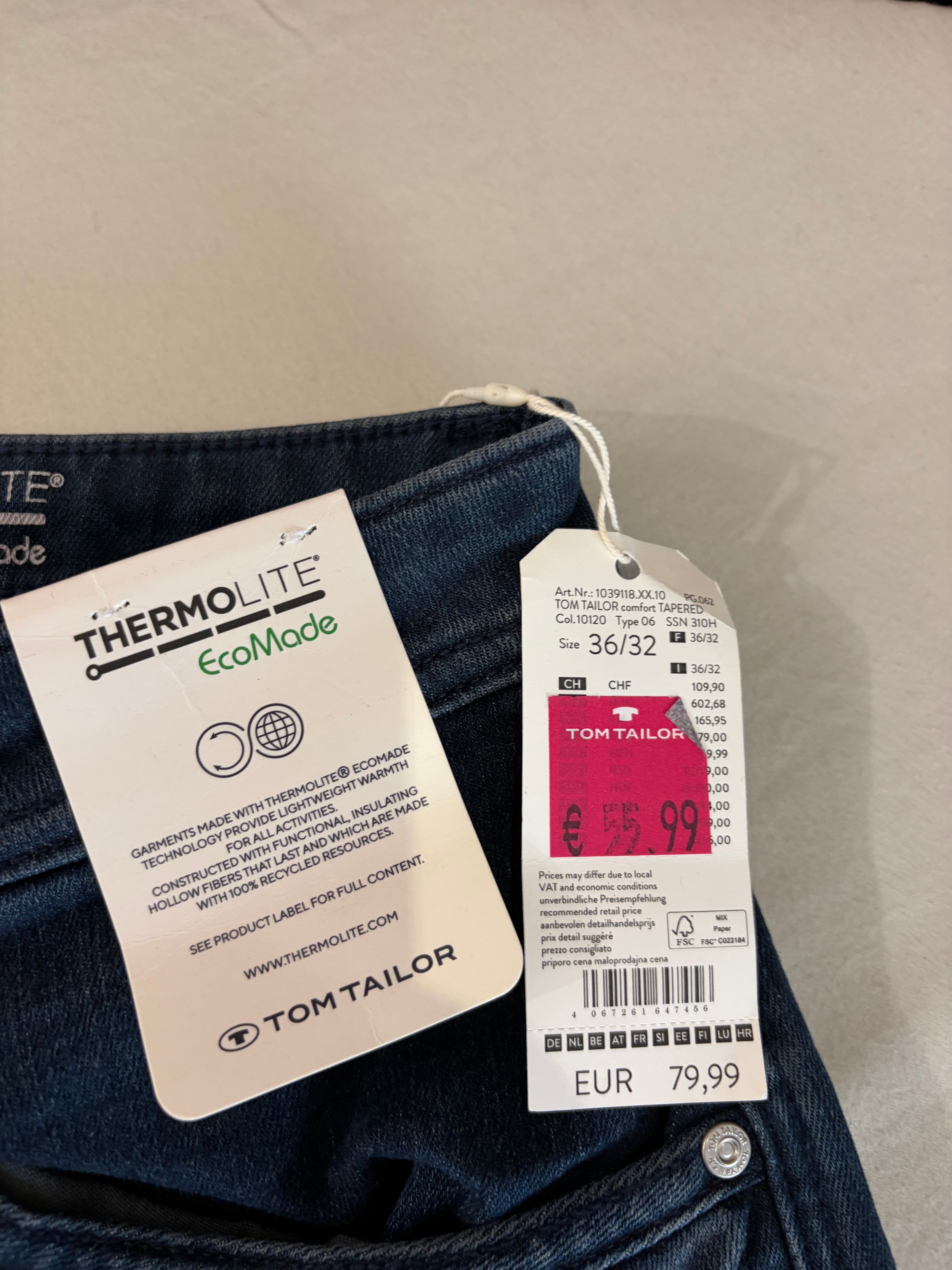 Jean Tom Tailor Regular Tapered Thermolite EcoMade Homme Bleu Denim W36 L32 Neuf