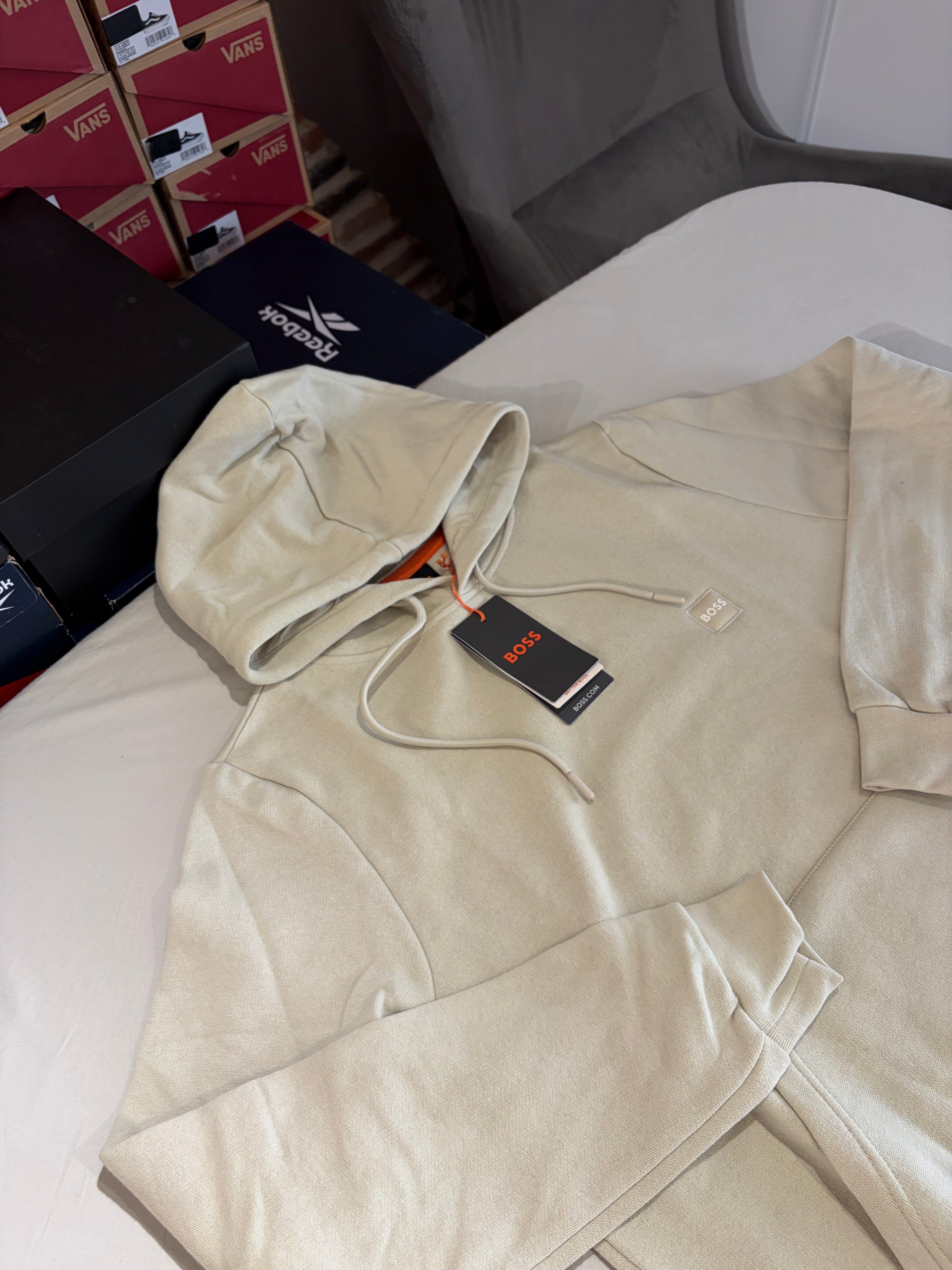 Sweat à capuche BOSS Wetalk Écru Homme M - Logo ton sur ton - Neuf