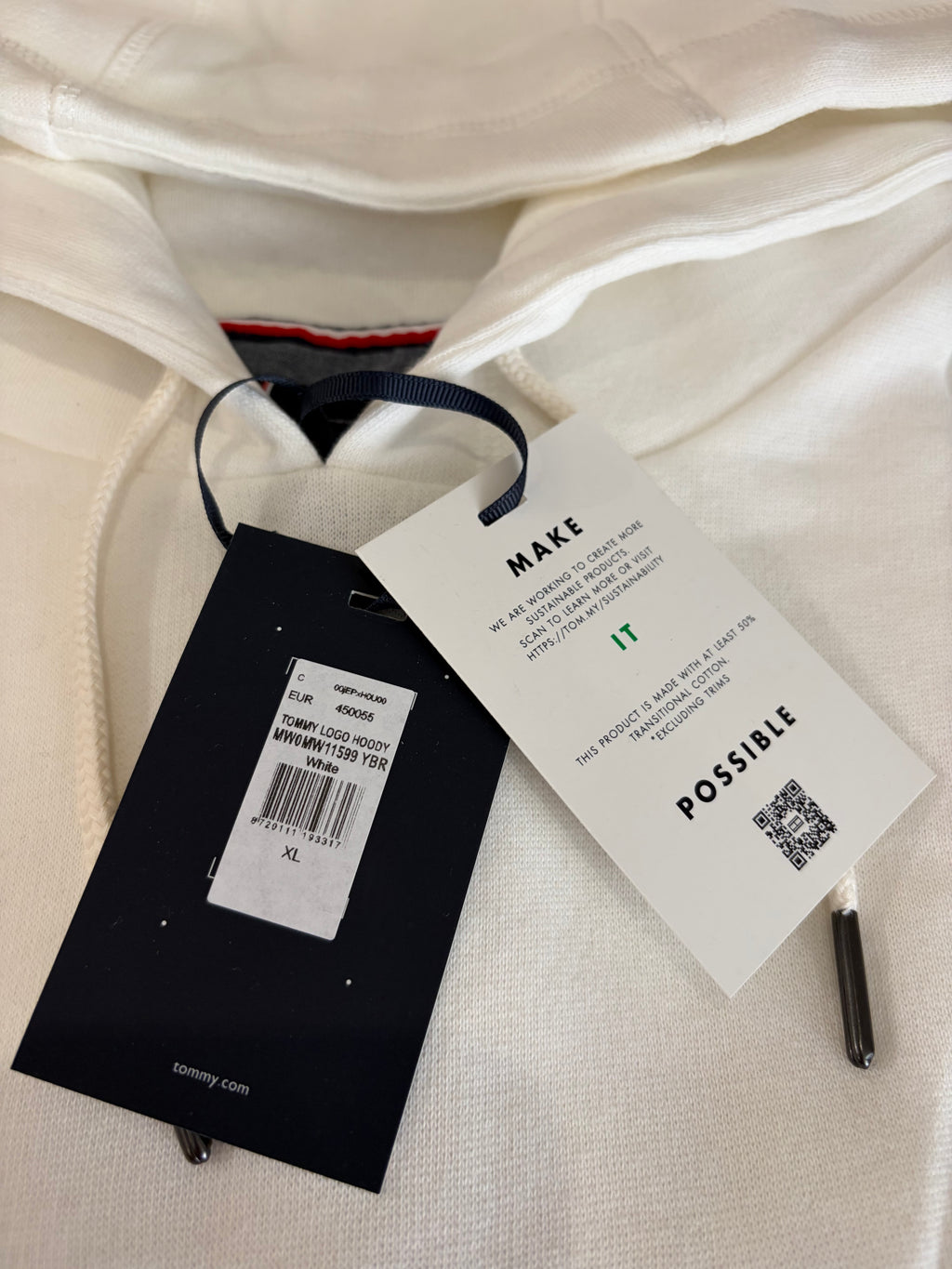 Sweat à capuche Tommy Hilfiger Homme Blanc Cassé Taille XL - Tommy Logo Hoody - Logo Brodé EST. 1985 - Neuf