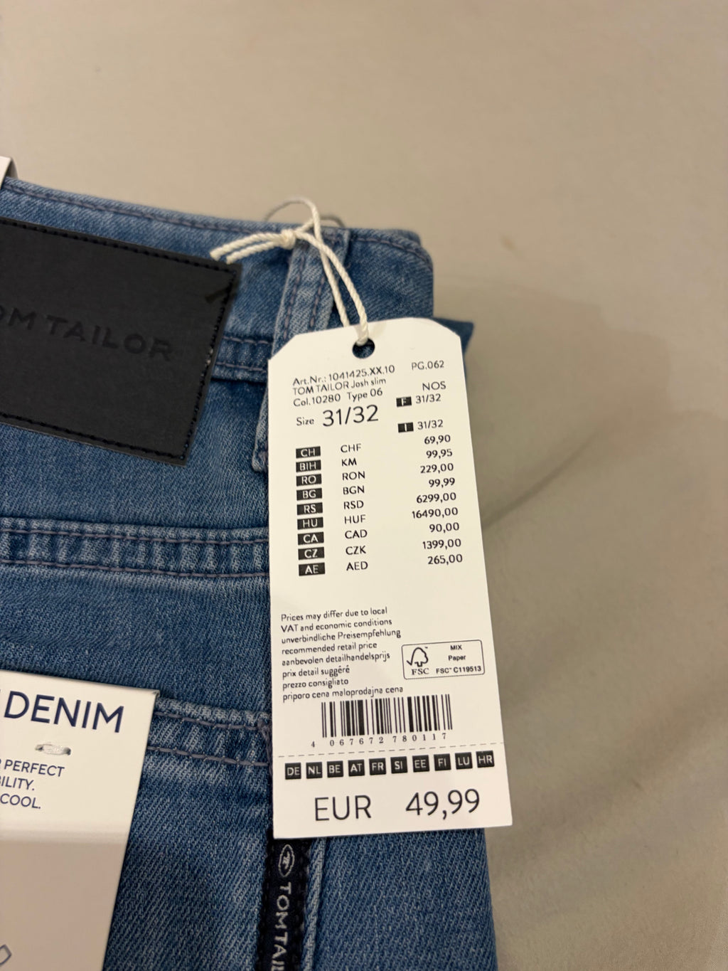 Jean Tom Tailor Josh Regular Slim Ultra Light Denim Homme Bleu Clair – Neuf avec étiquettes – Taille 31/32