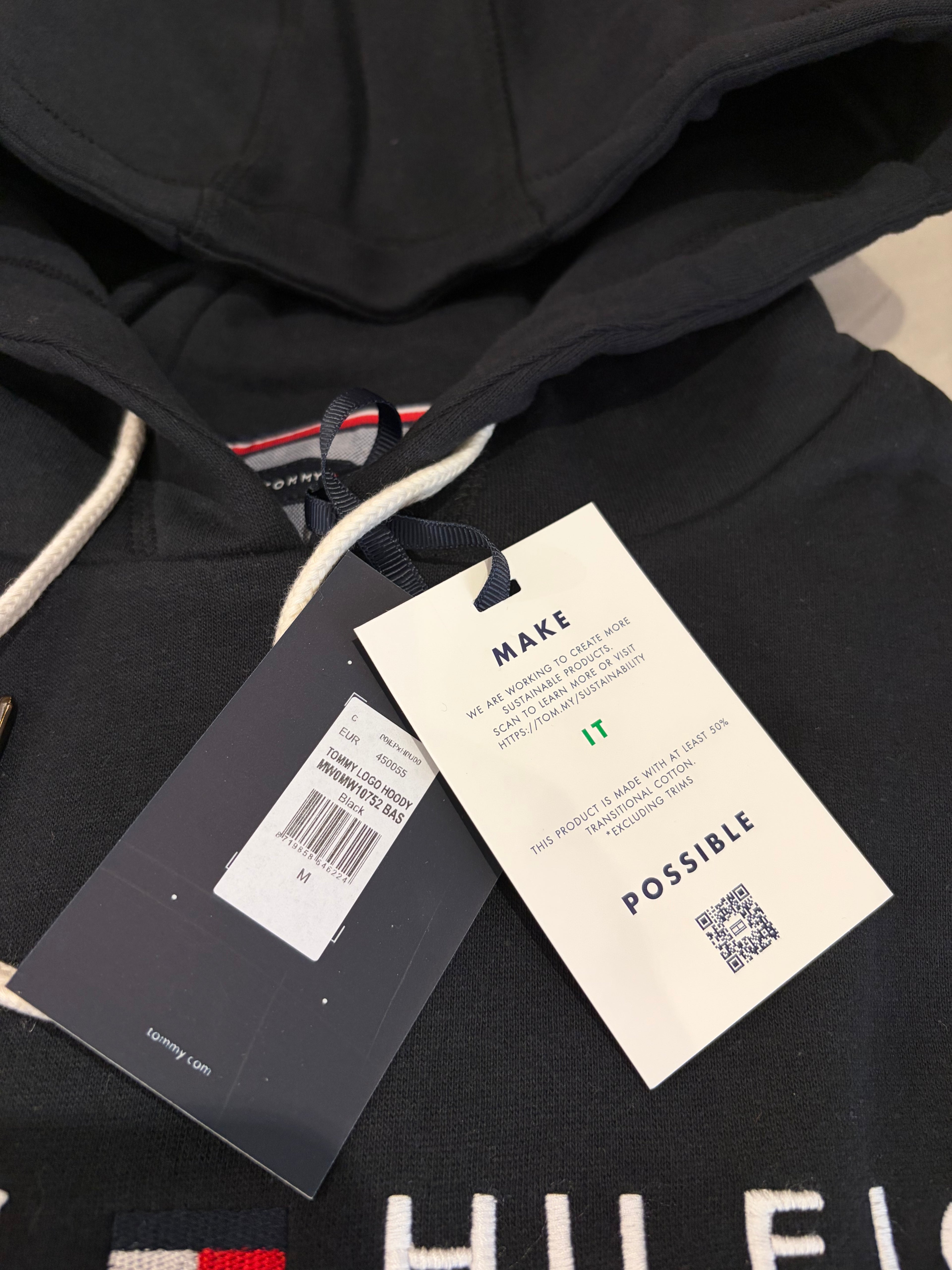 Sweat à capuche Tommy Hilfiger Logo Noir Homme – Taille M – Neuf avec étiquette