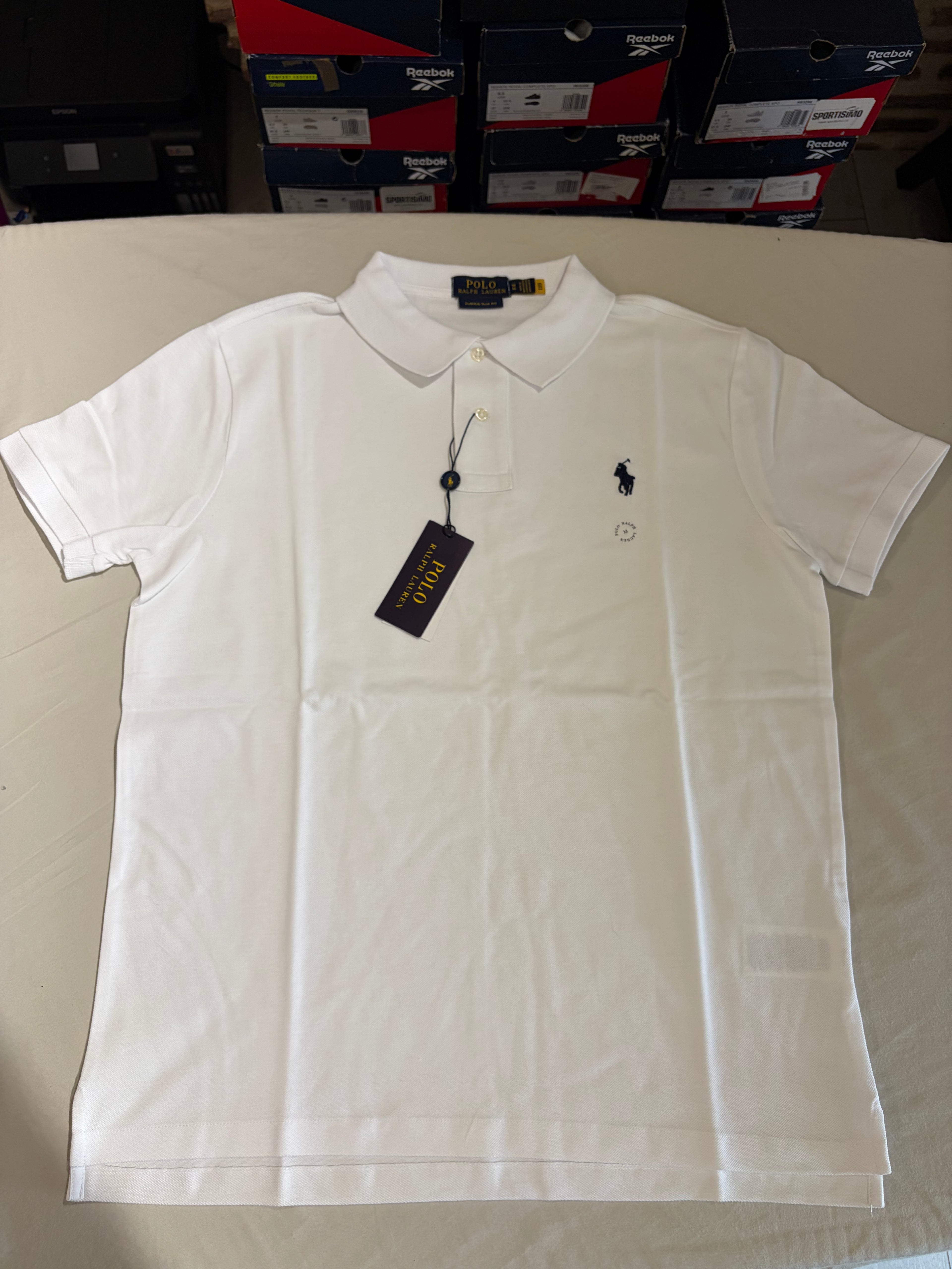 Polo Ralph Lauren Custom Slim Fit Homme Blanc Logo Bleu Marine – Taille M – Neuf avec étiquette