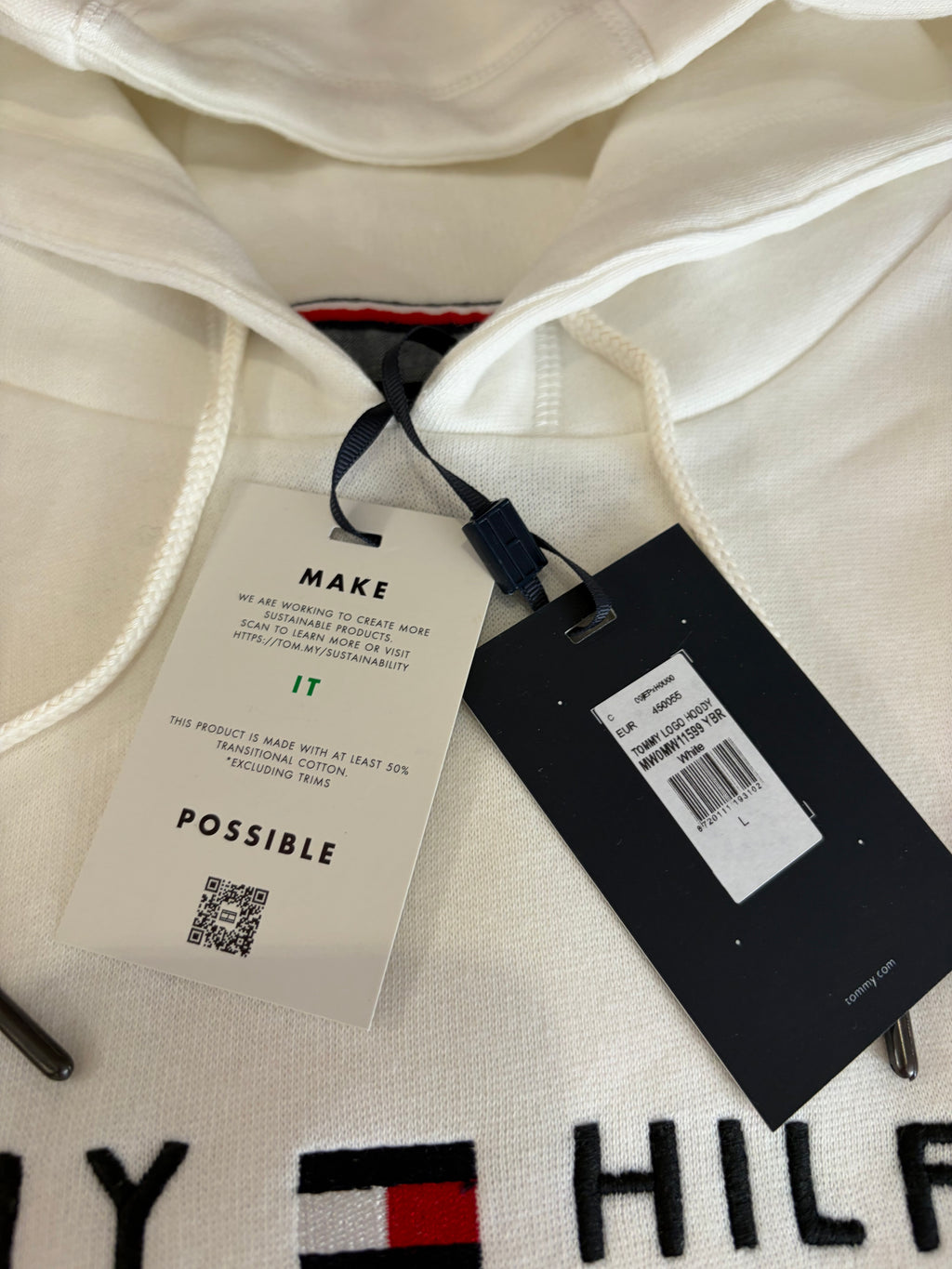 Sweat à capuche Tommy Hilfiger Homme Blanc Cassé  Taille L - Tommy Logo Hoody - Logo Brodé EST. 1985 - Neuf