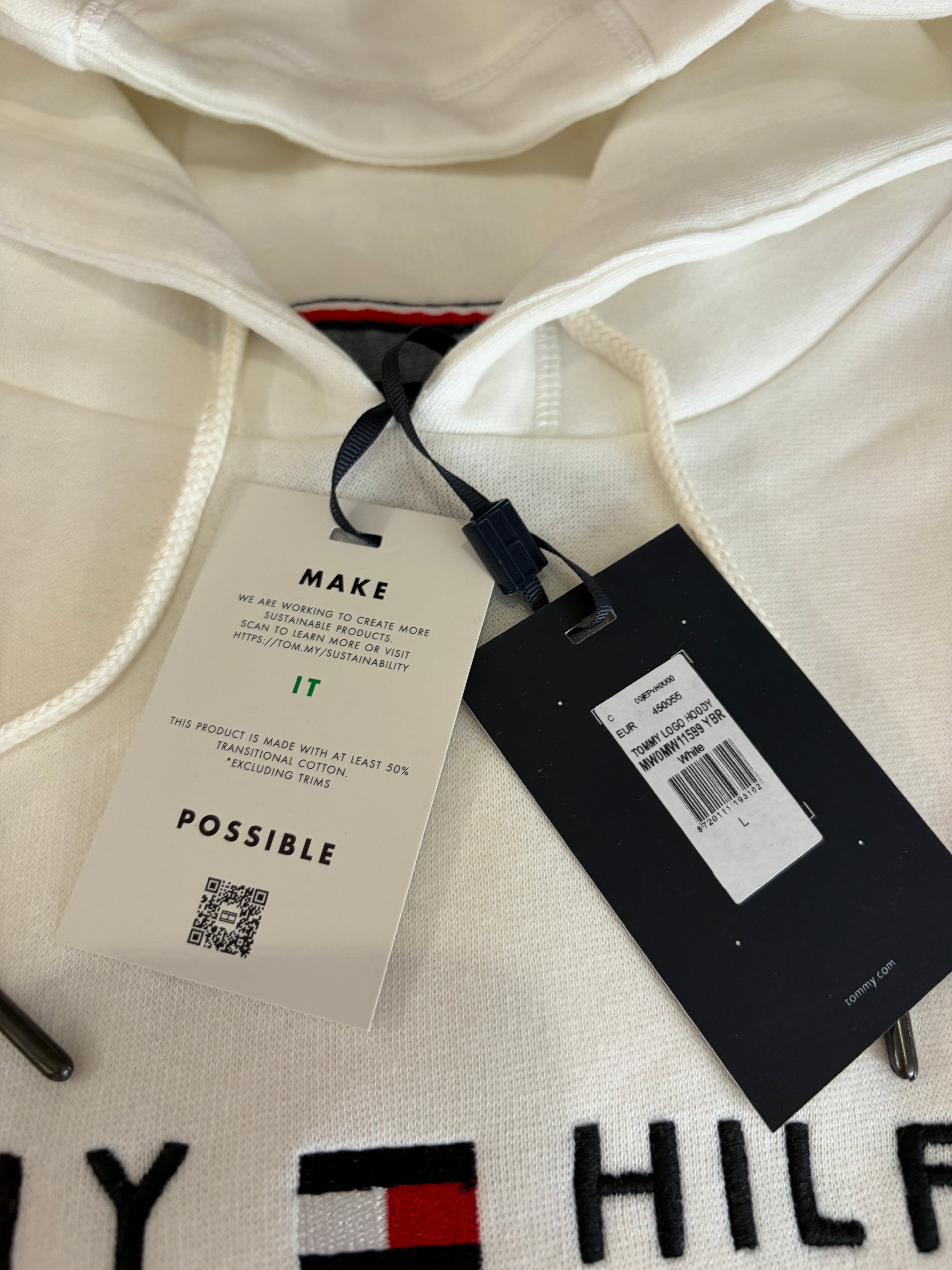Sweat à capuche Tommy Hilfiger Homme Blanc Cassé  Taille L - Tommy Logo Hoody - Logo Brodé EST. 1985 - Neuf