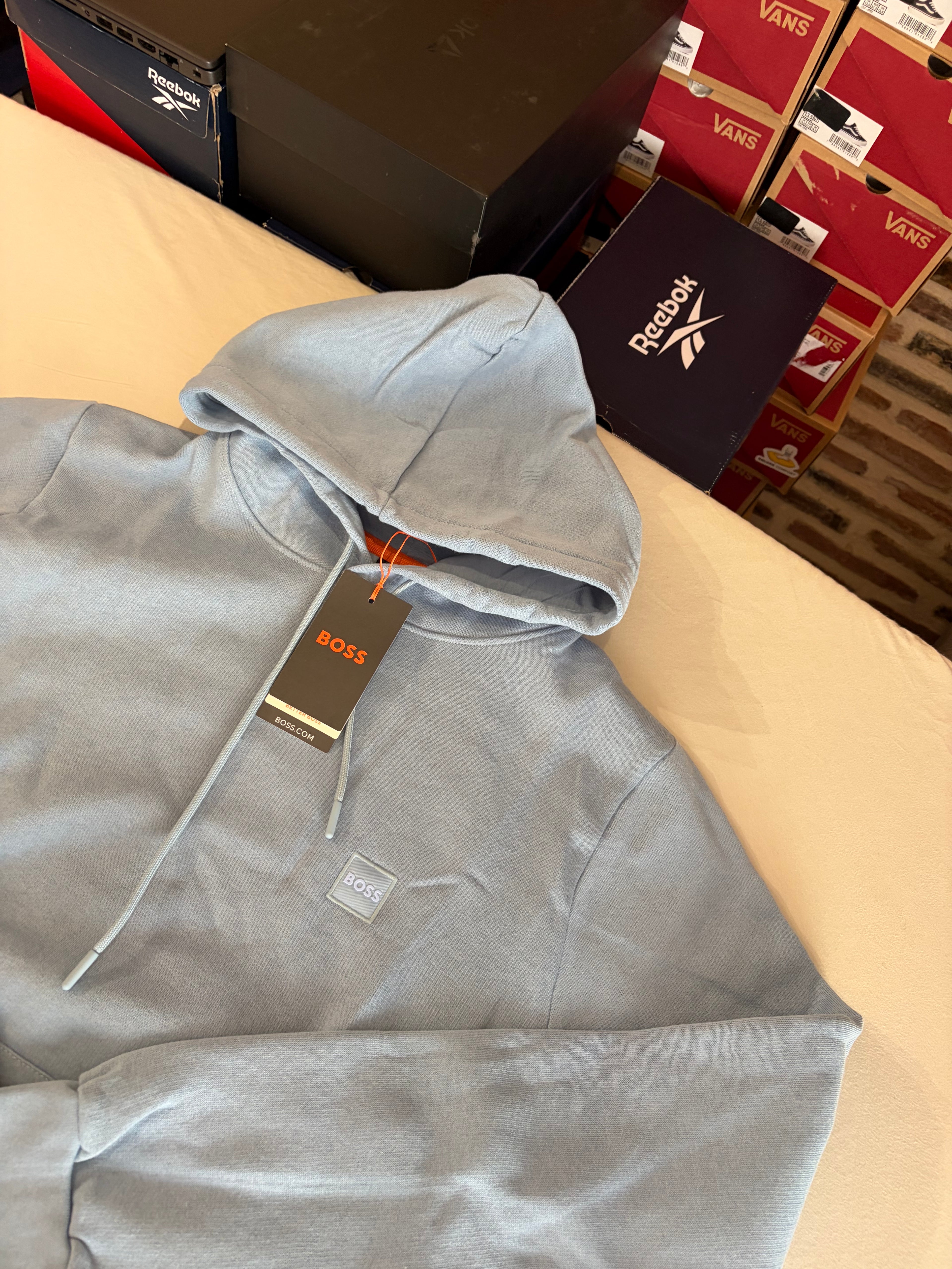 Sweat à capuche BOSS Homme Bleu Ciel Taille L - Logo Patch - Neuf