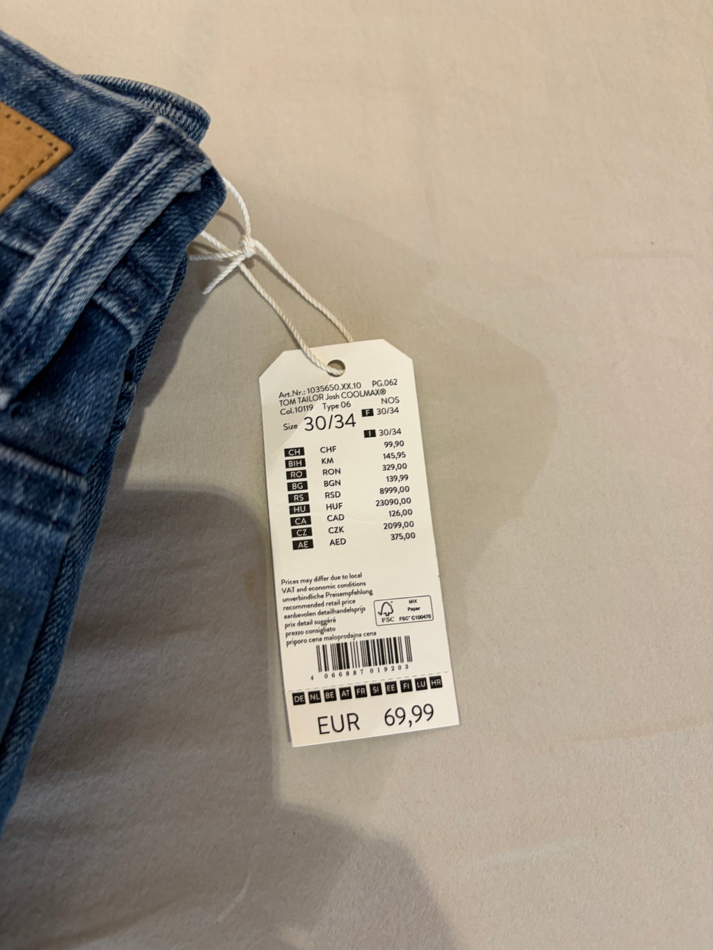 Jean Tom Tailor Josh Regular Slim Coolmax EcoMade Homme Bleu – Neuf avec étiquettes – Taille 30/34