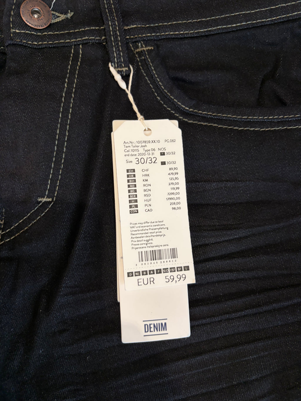 Jean Tom Tailor JOSH Regular Slim Homme Bleu Denim Brut 30/32 Neuf avec Étiquettes