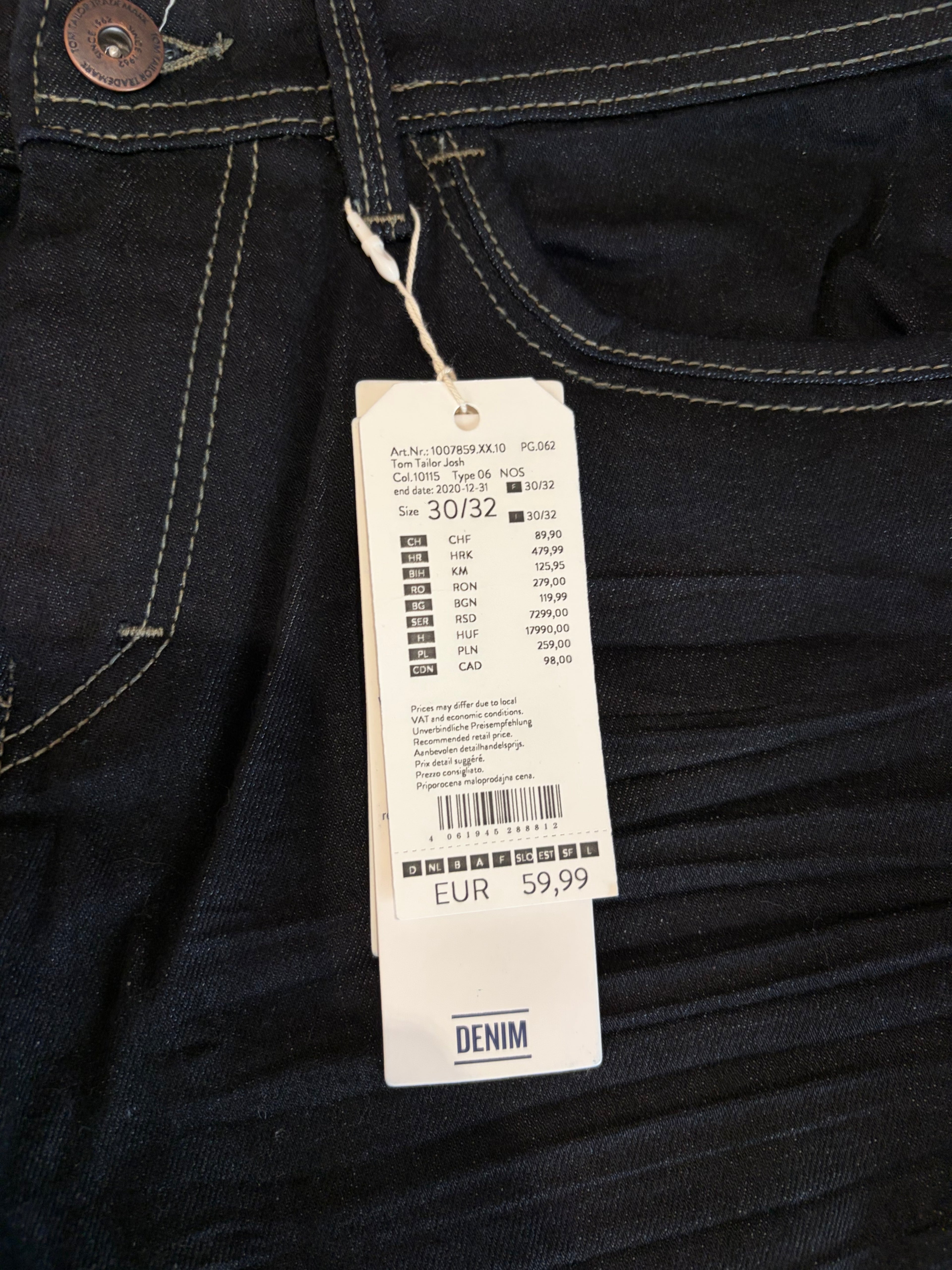 Jean Tom Tailor JOSH Regular Slim Homme Bleu Denim Brut 30/32 Neuf avec Étiquettes